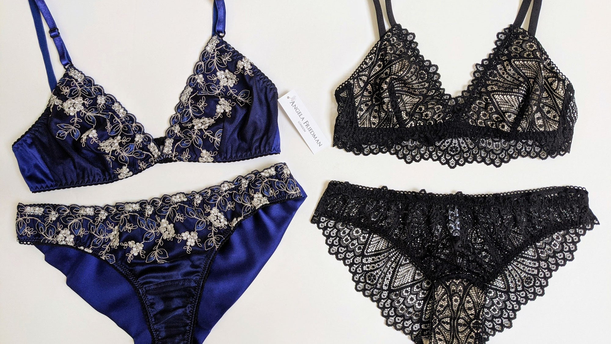Blue embroidered lingerie and black lace underwear set