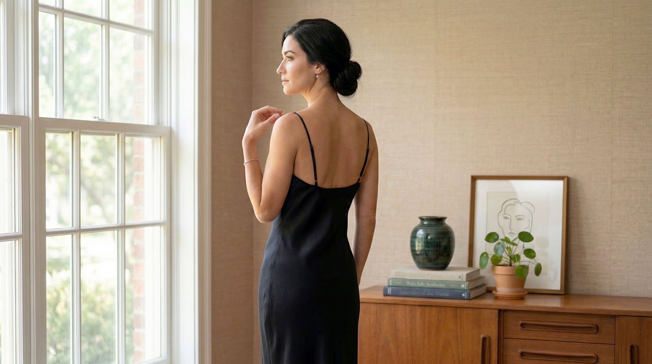 Black silk satin nightgown by luxury brand Angela Friedman
