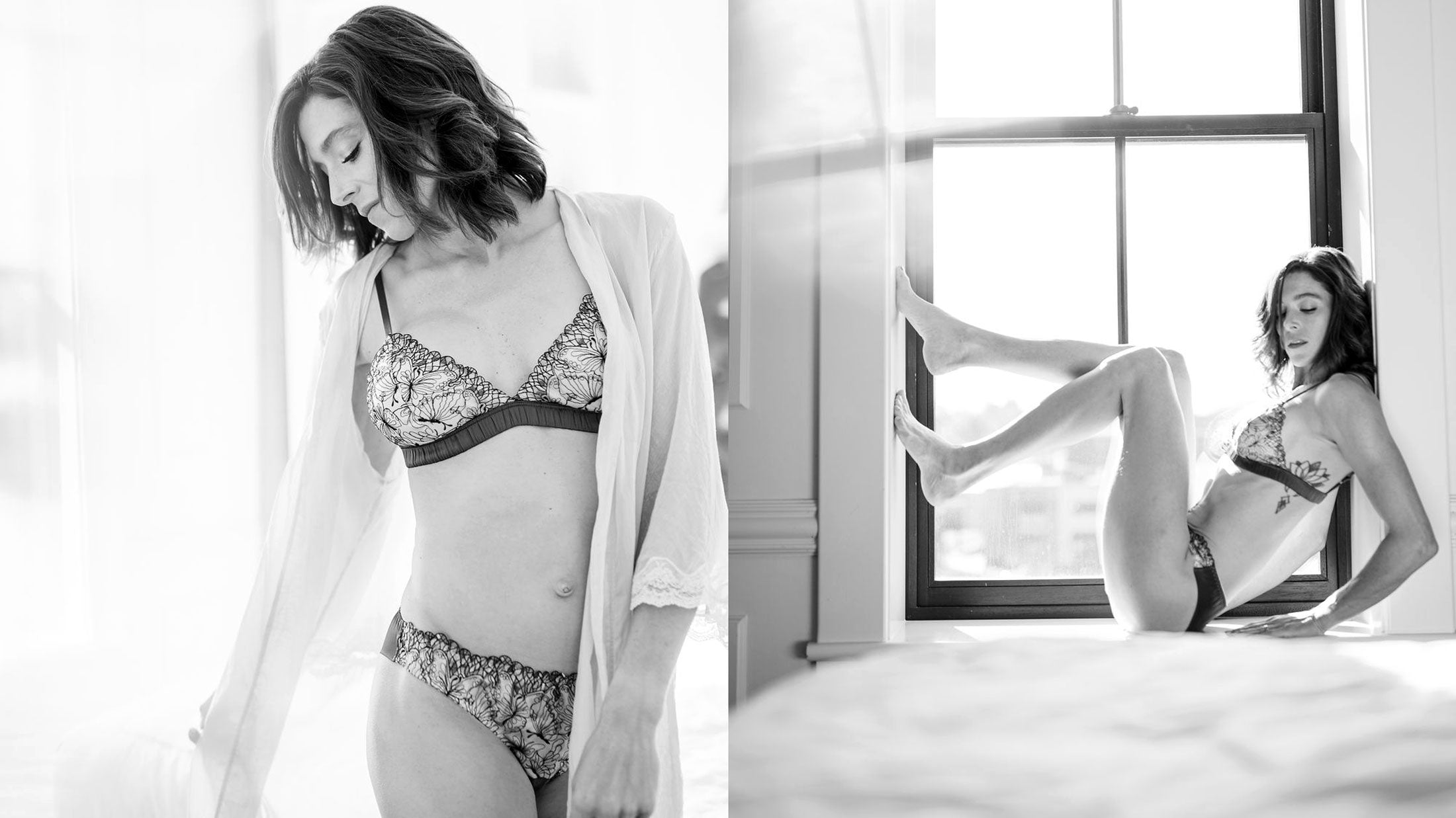 Black and white boudoir photos of a model wearing Angela Friedman silk lingerie