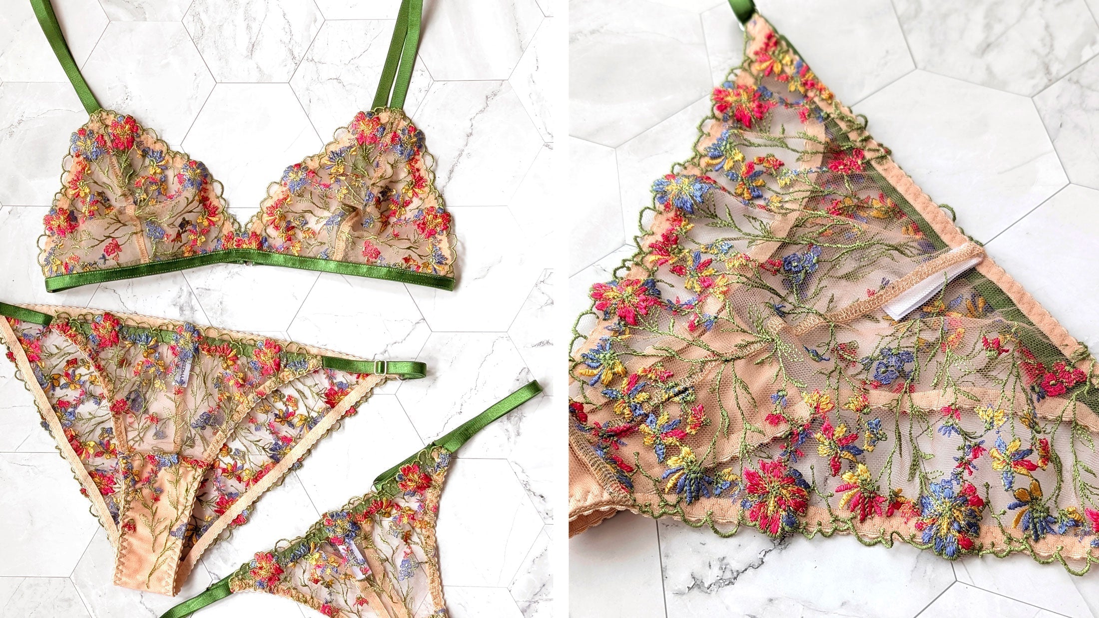 Embroidered flower bra and panty set in nude, blue, red, and green hues