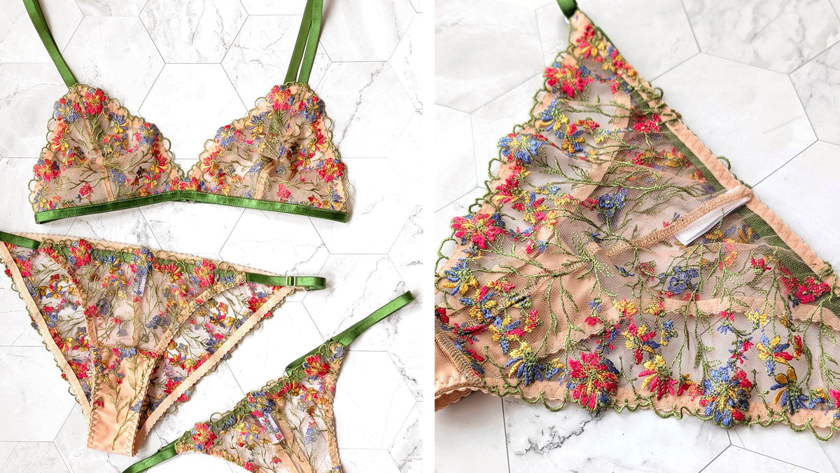 Embroidered flower bra and panty set in nude, blue, red, and green hues