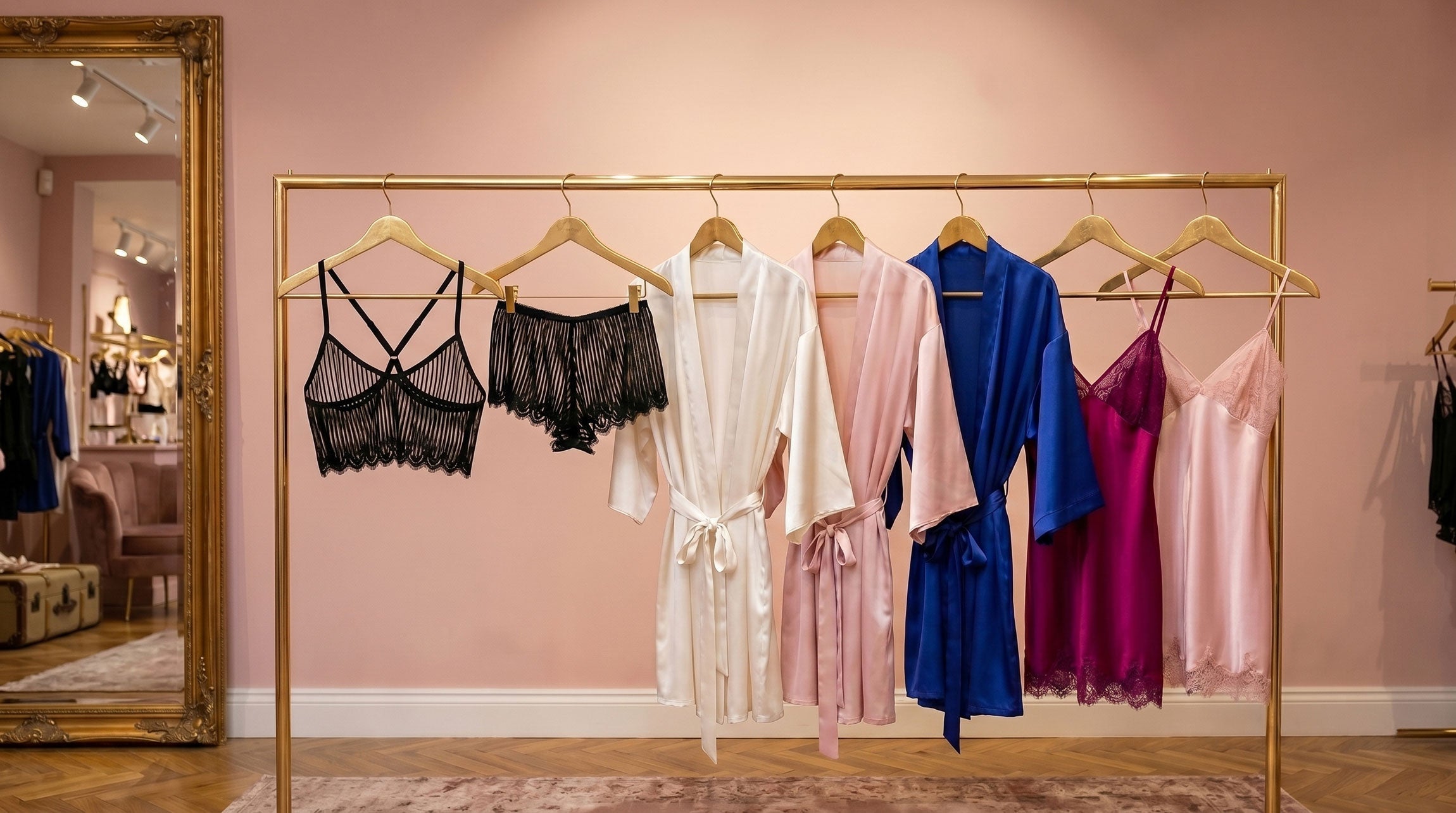 Lingerie shopping trunk show setting with silk lounge wear and sleep wear designs
