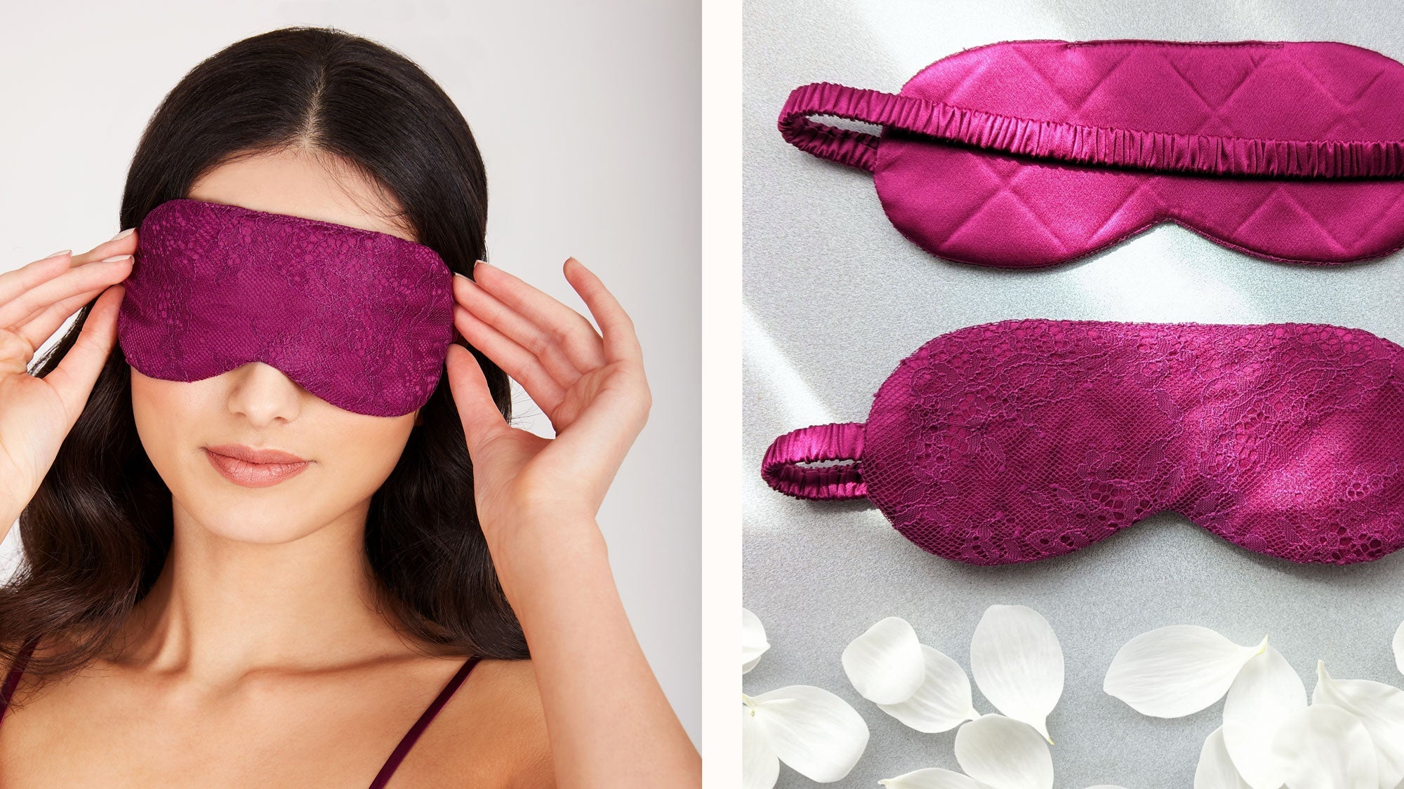 Silk sleep masks in magenta pink satin with lace overlays