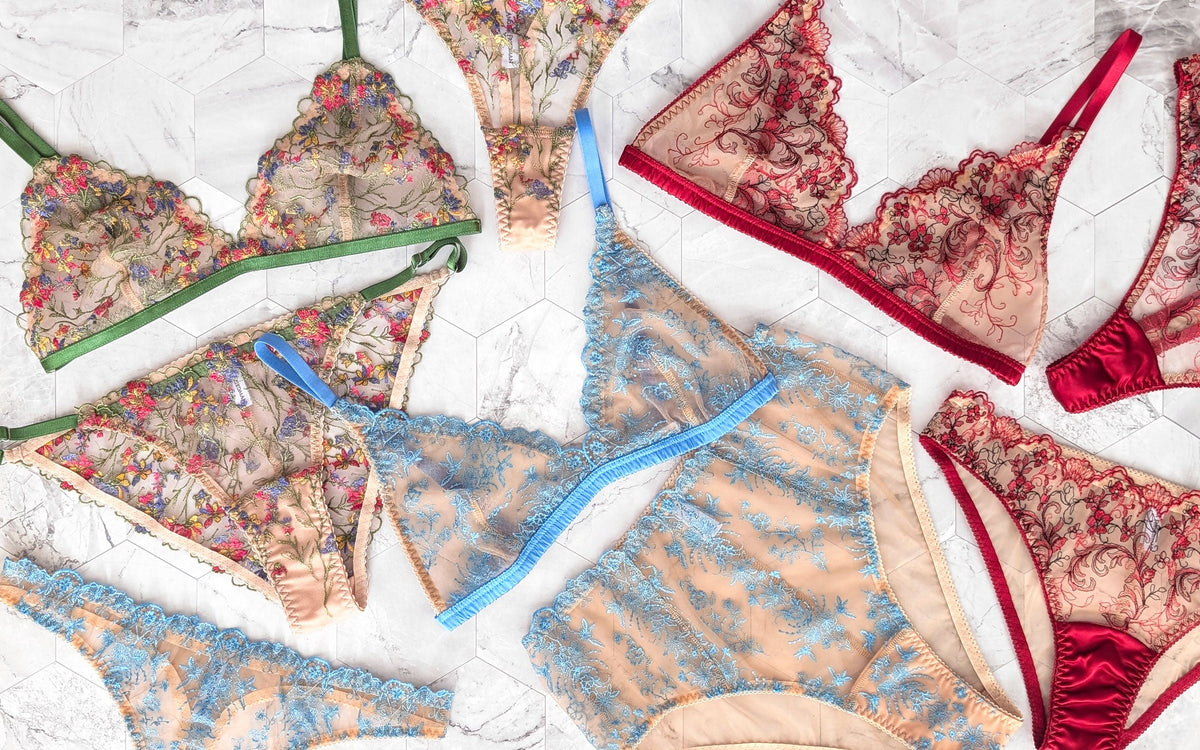 3 embroidered lingerie sets with floral lace bras, panties, and thongs by luxury fashion brand Angela Friedman