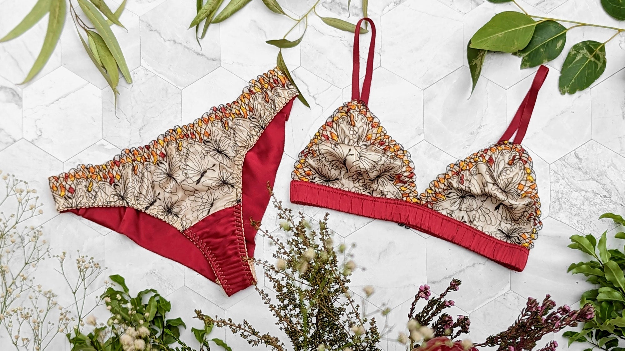 Red silk lingerie set with embroidered butterflies