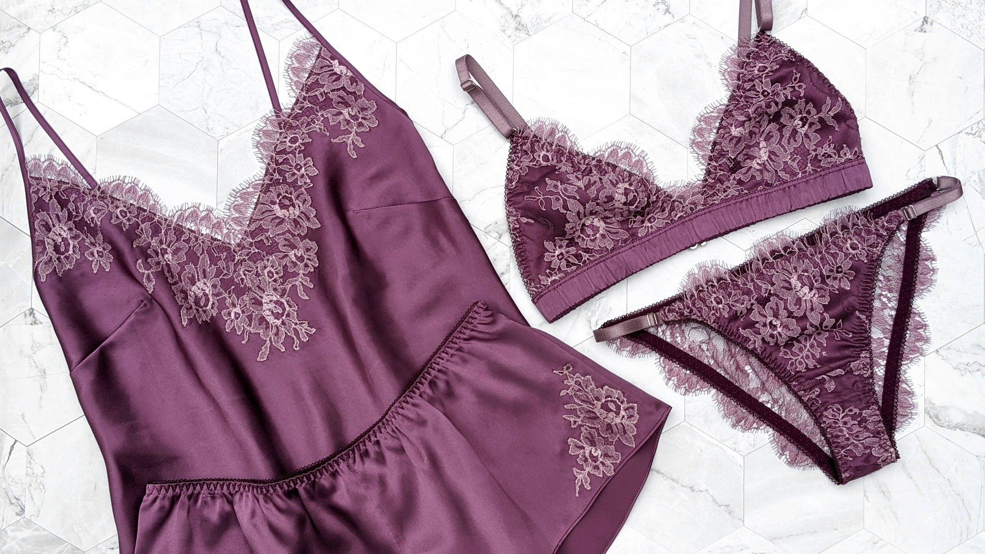 Heather silk camisole, bra, panties, and french knickers in plum silk with french lace overlays
