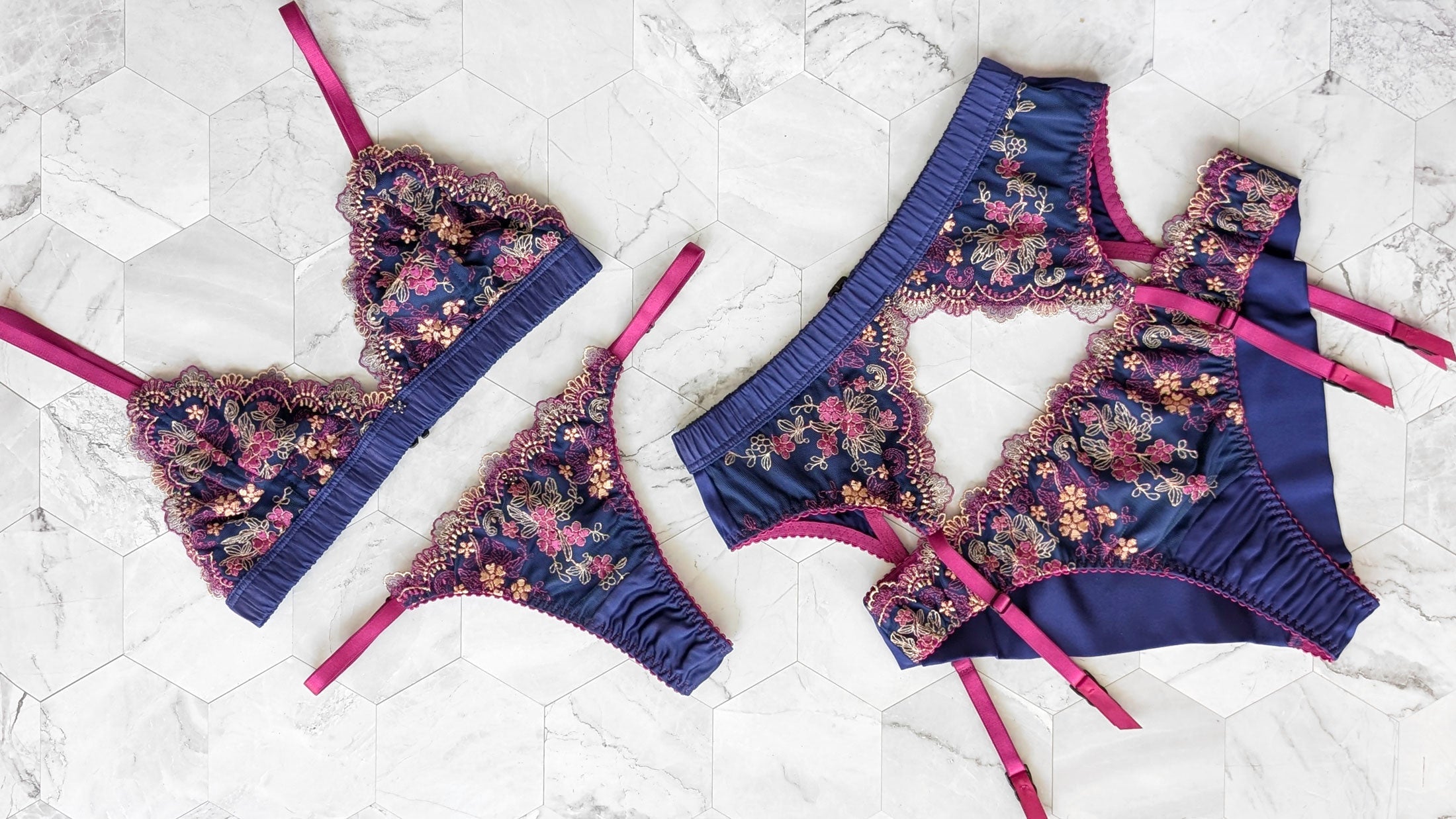 Silk and lace lingerie set including a wireless bralette, thong, garter belt, and silk panties
