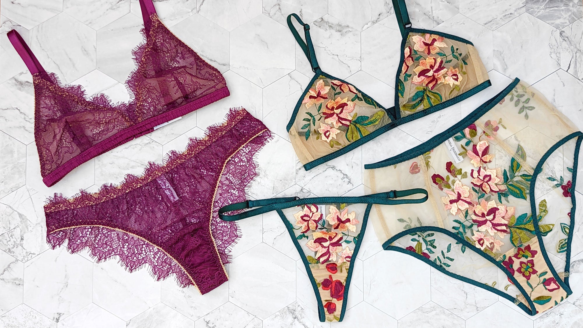 Designer expensive lingerie sets in magenta pink and floral embroidery