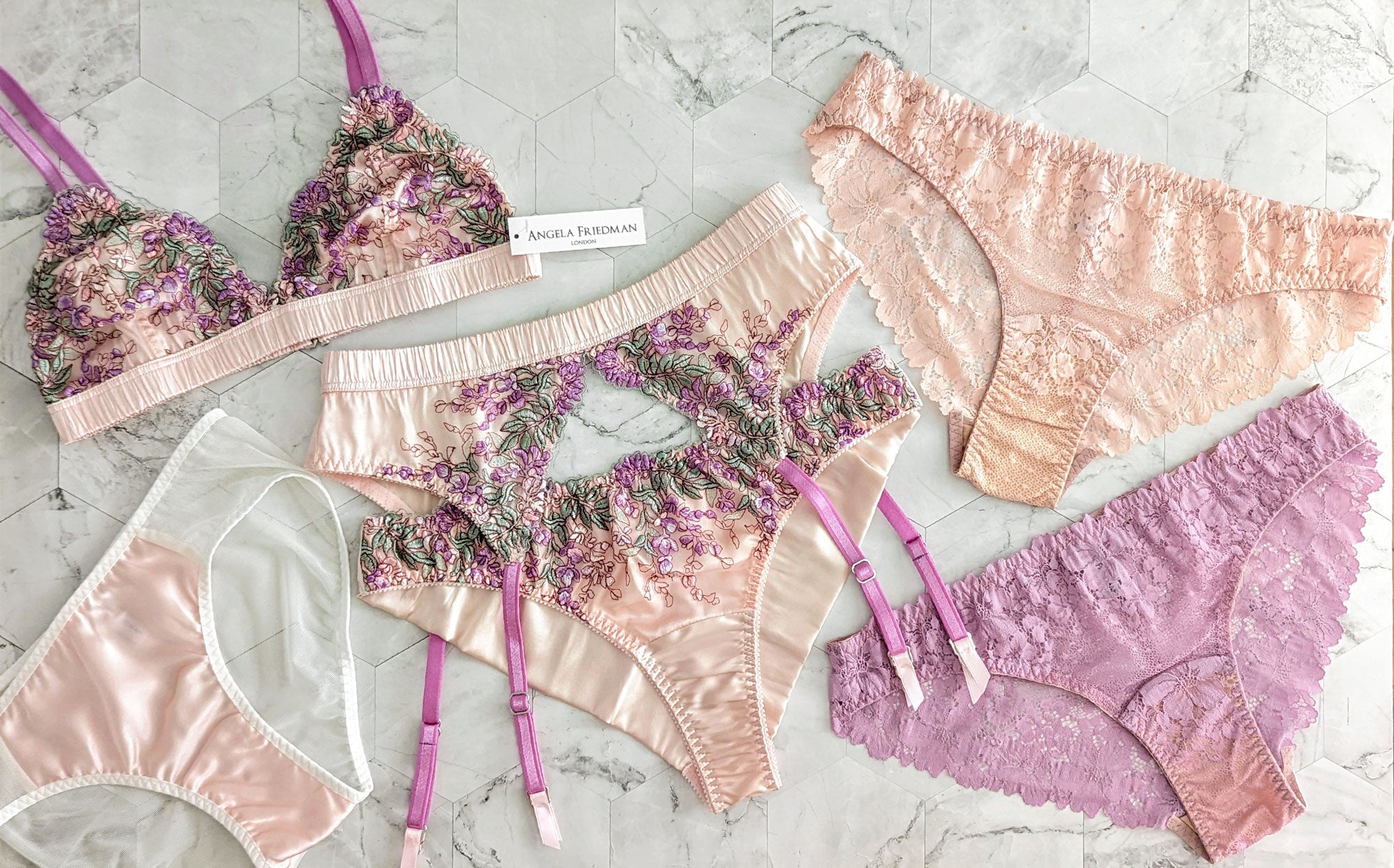 Pink and purple lace lingerie sets and floral embroidered bras