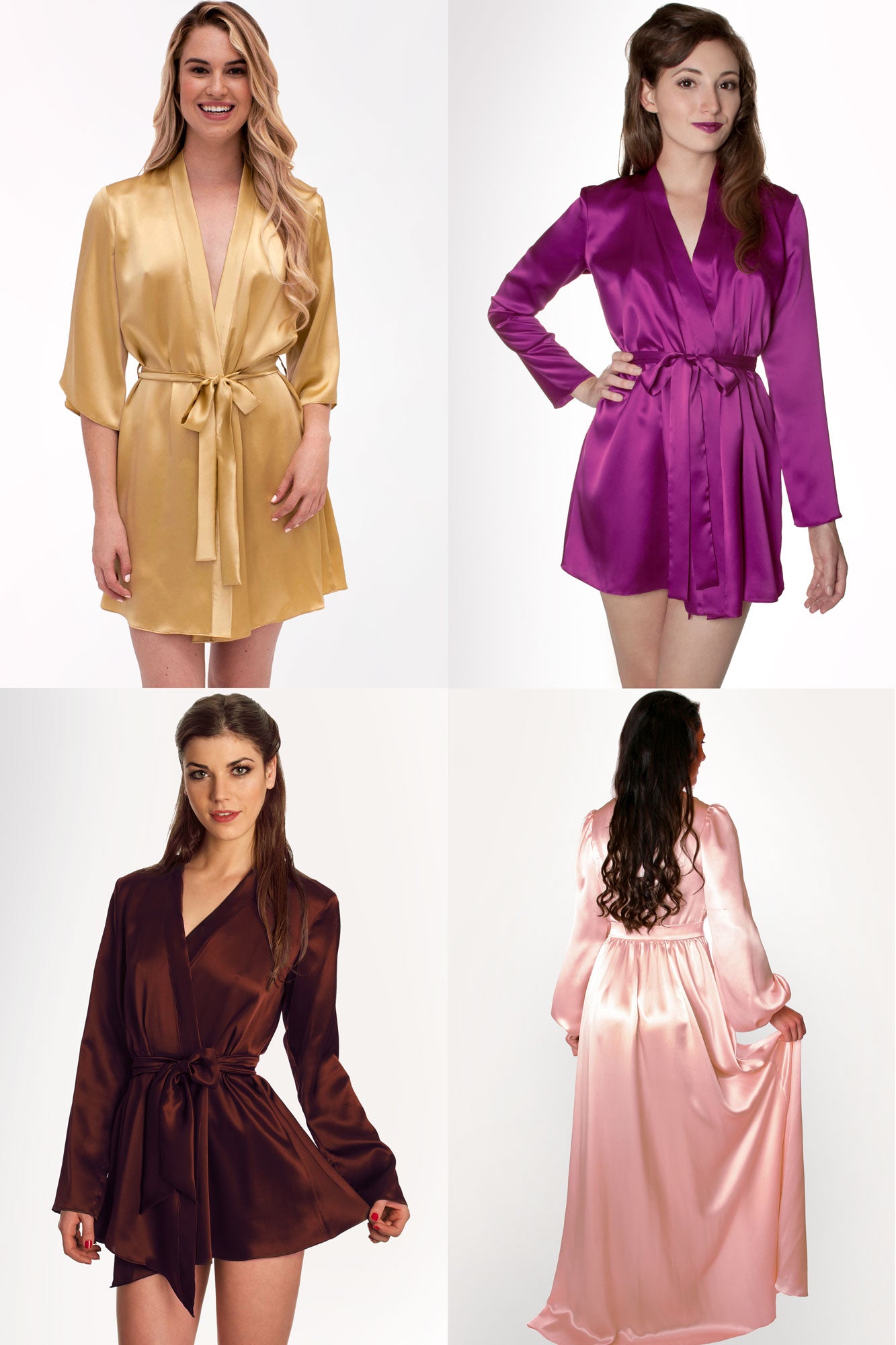 4 custom color silk robes by luxury loungewear designer Angela Friedman