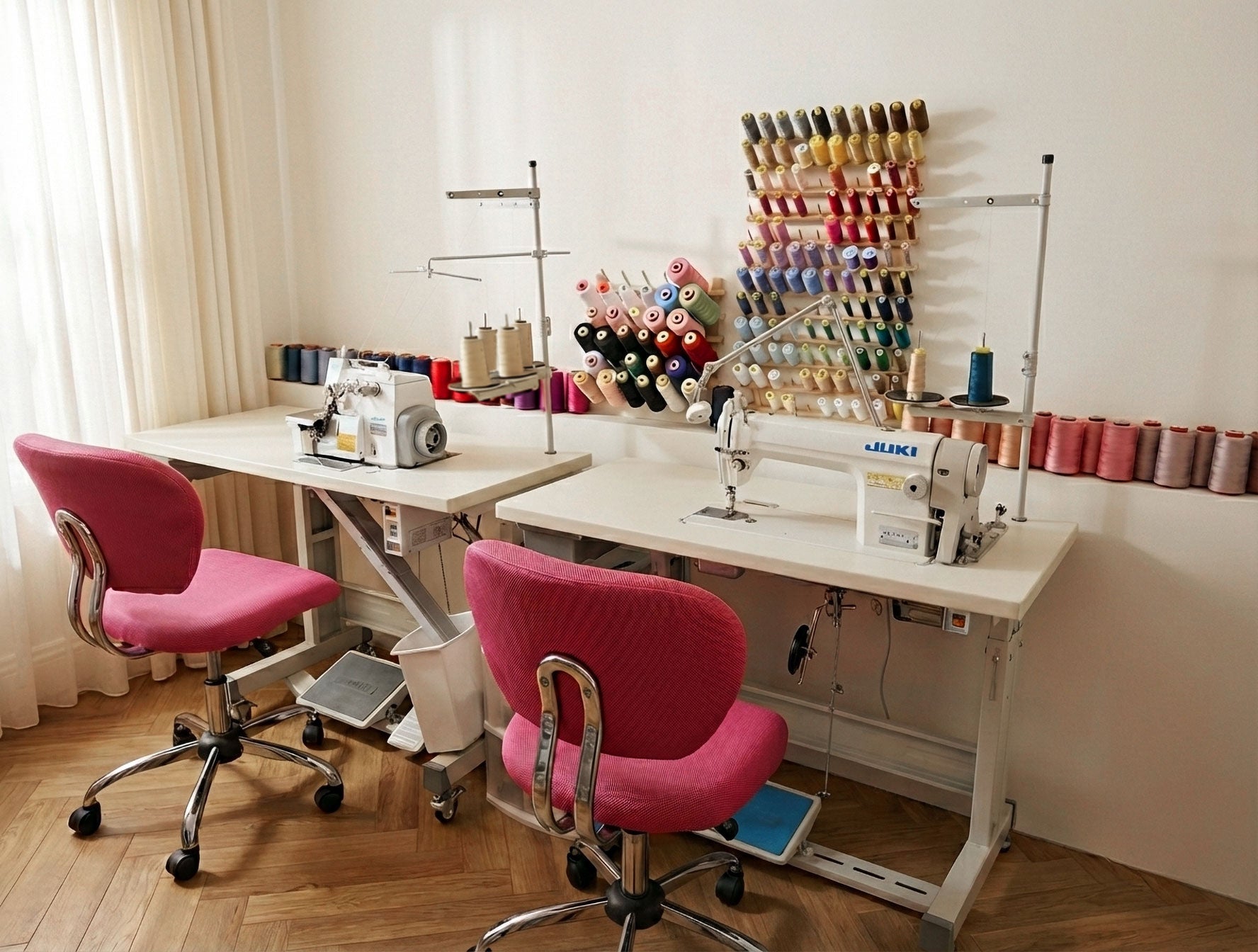Sewing room with two sewing machines, pink chairs, and thread spools on a rack.