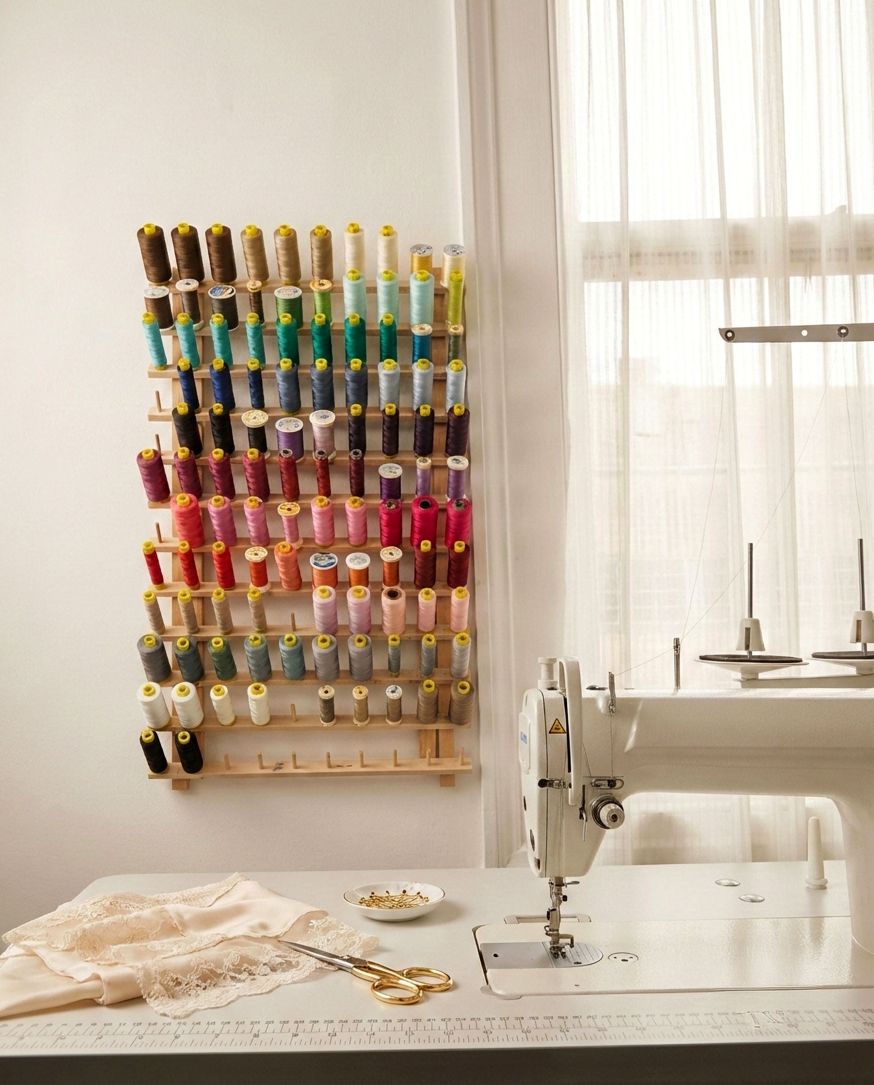 Sewing machine with thread rack on a white wall