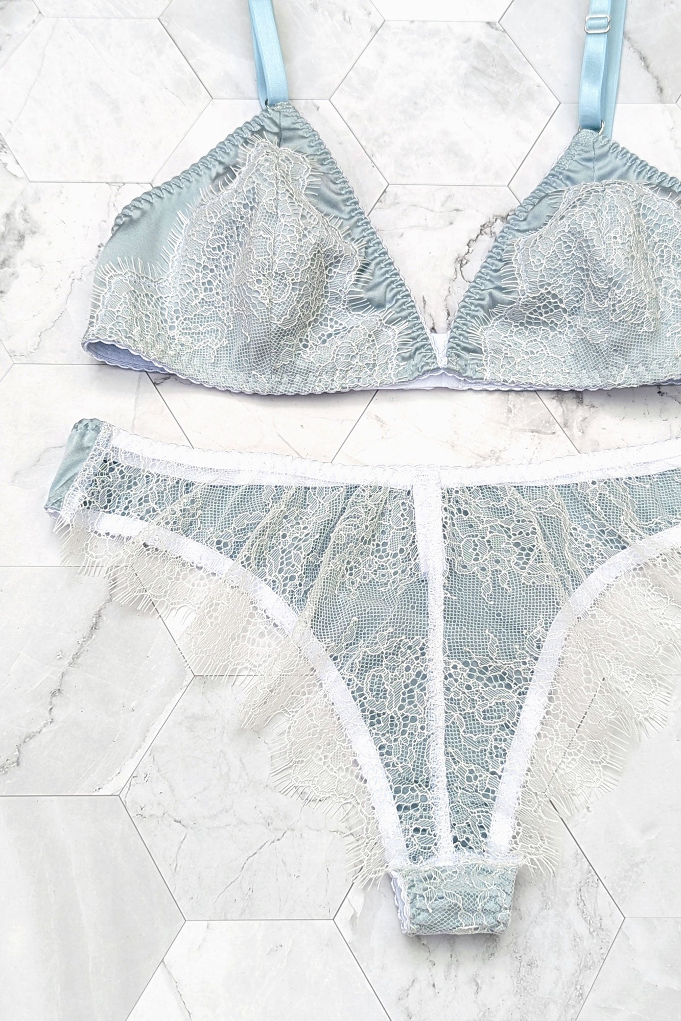 Bianca silk knickers in ice blue with white lace and a matching wirefree bralette