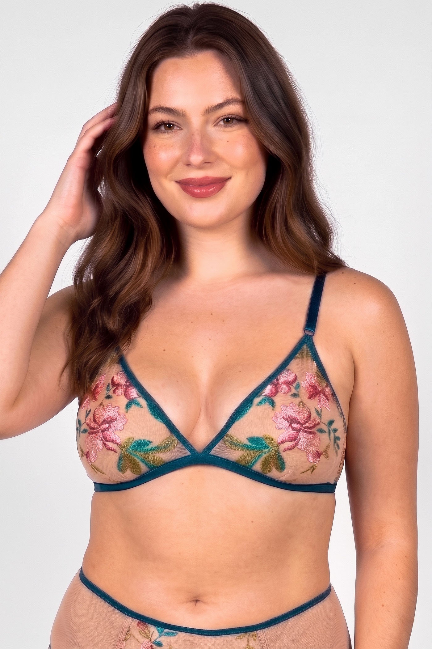 Camellia bralette with floral embroidery over the sheer cups