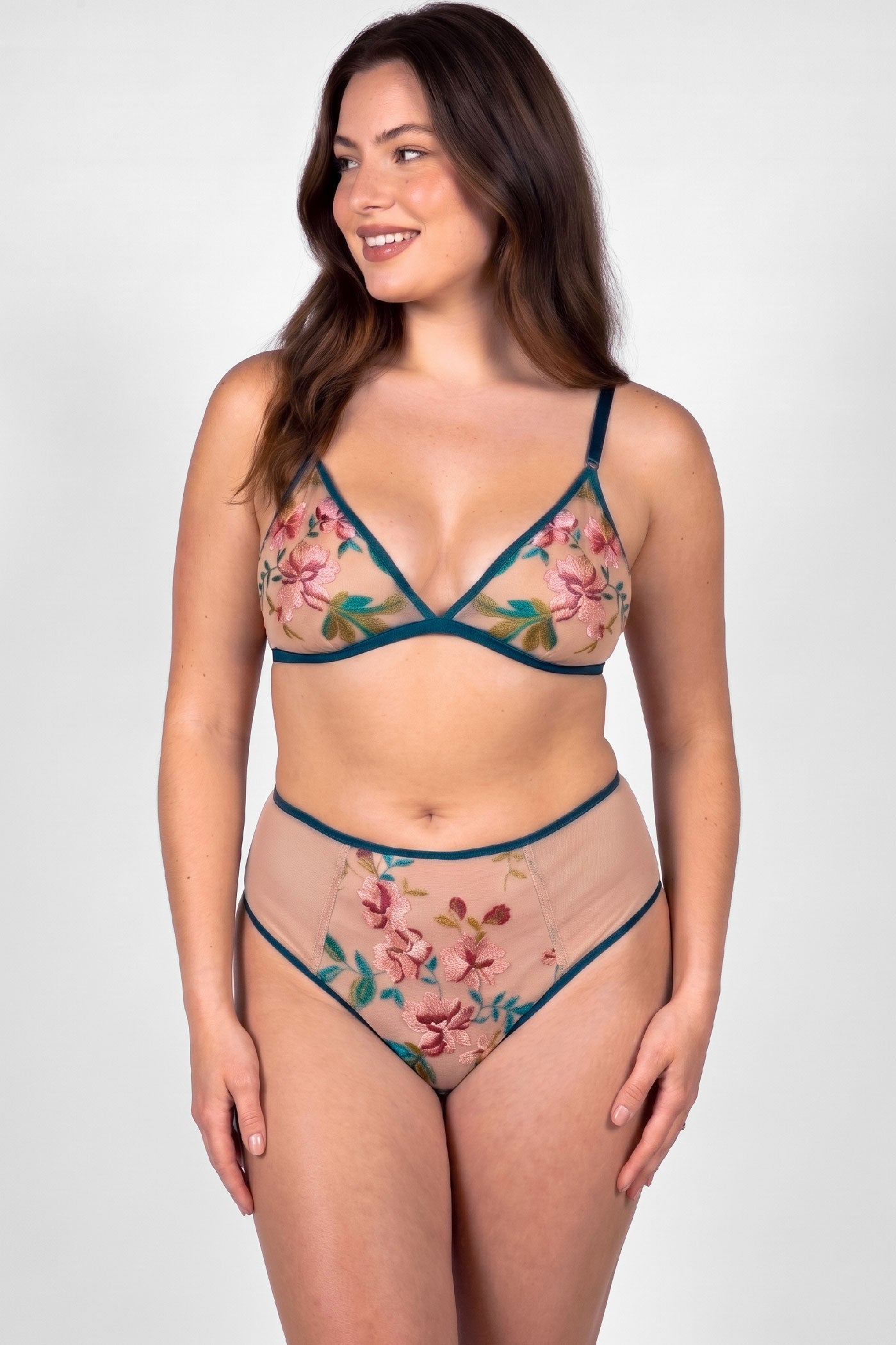 Floral bra and briefs set in size large with embroidered pink and red flower overlays