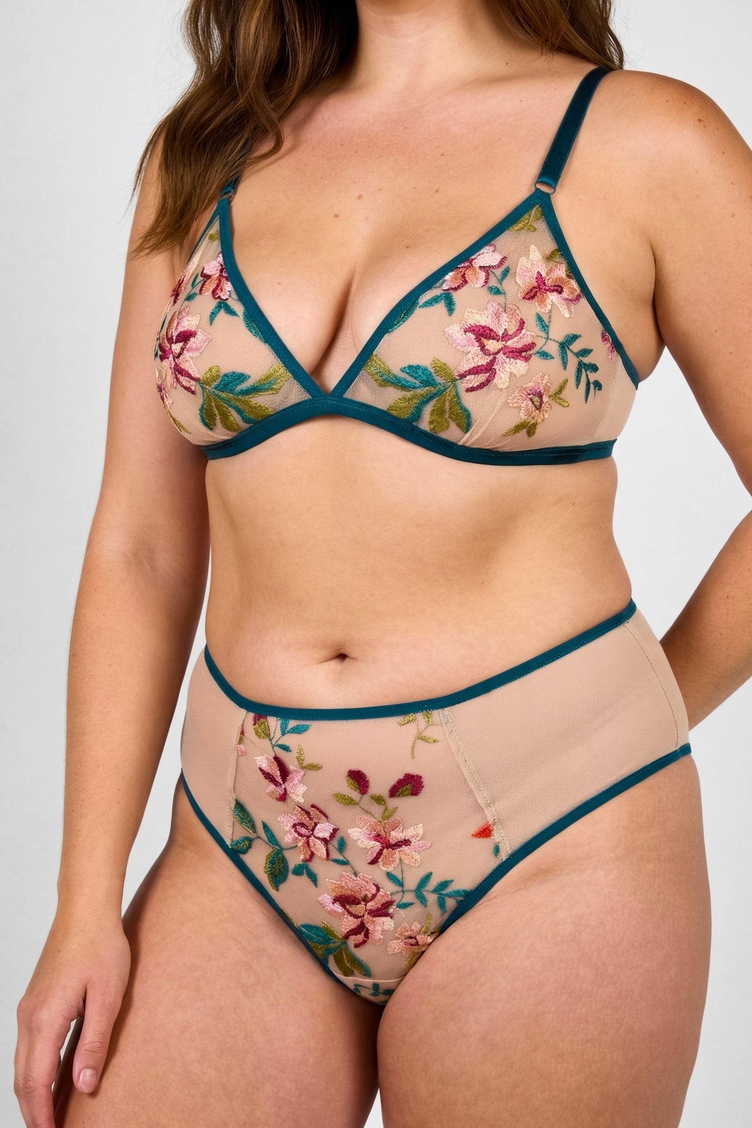 Floral embroidered lingerie set including a wirefree bralet and high-waisted panties