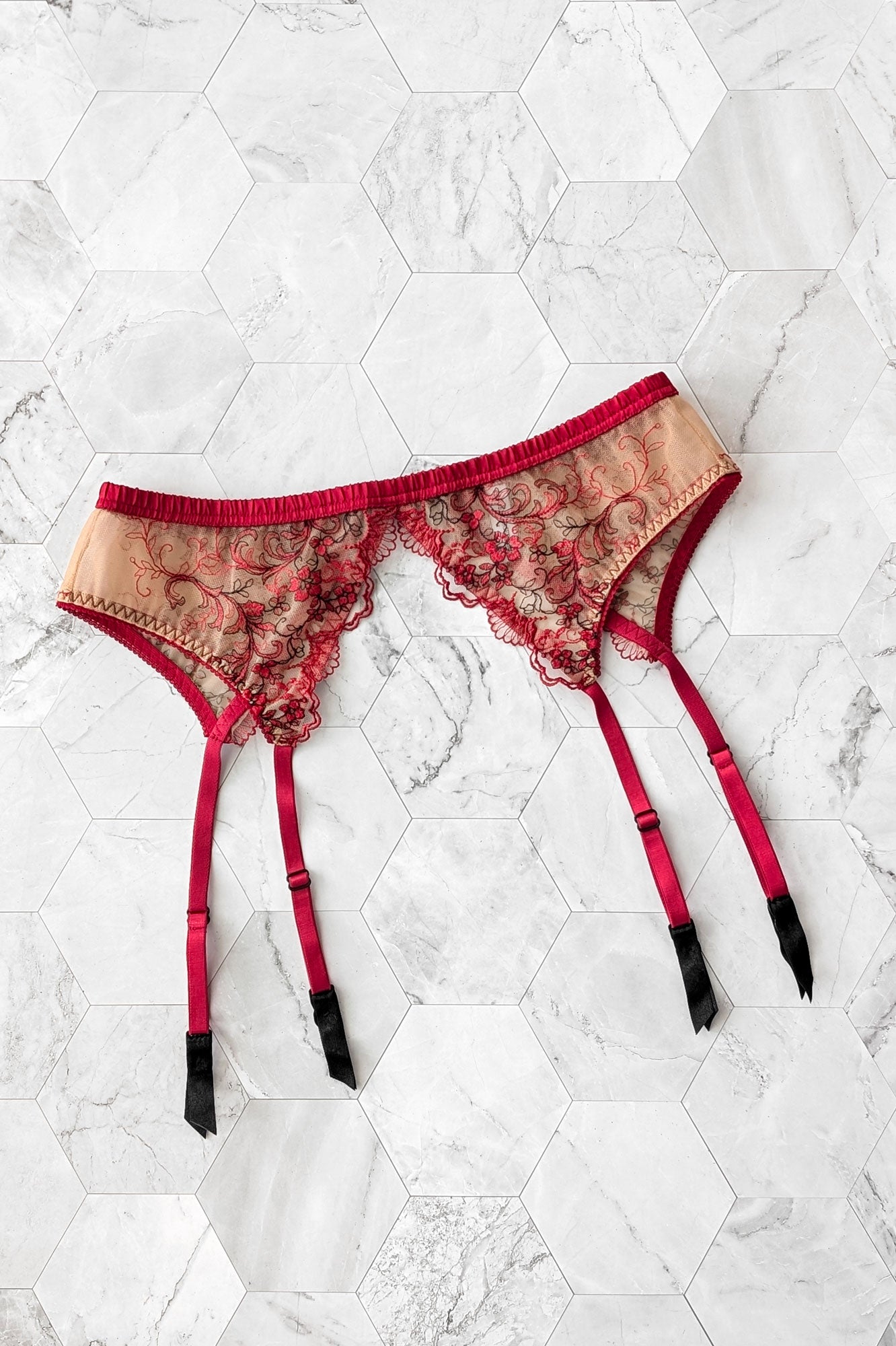 Sexy red and black garter belt in sheer embroidered mesh with red silk trims and 4 elastic straps