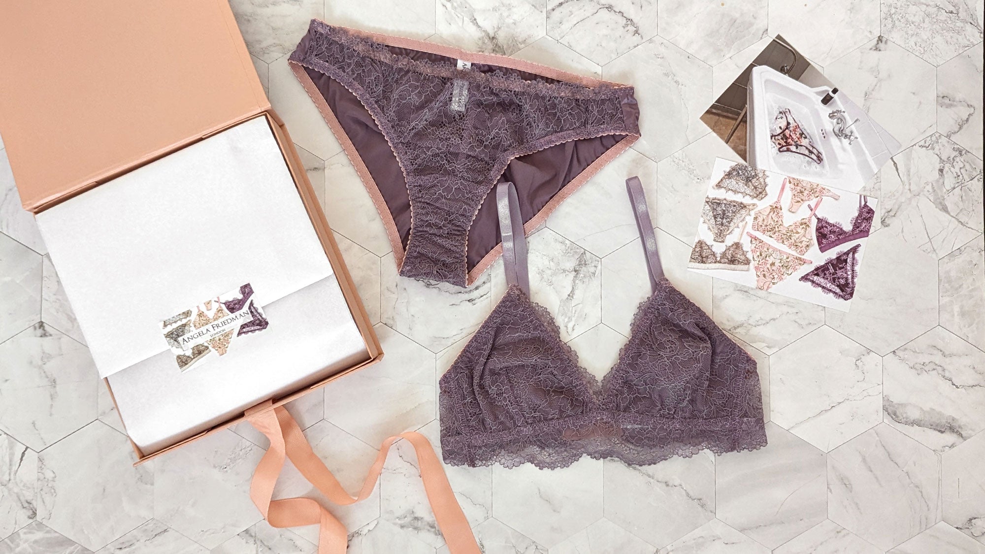 Mauve purple lace bra and panty set with silk trims