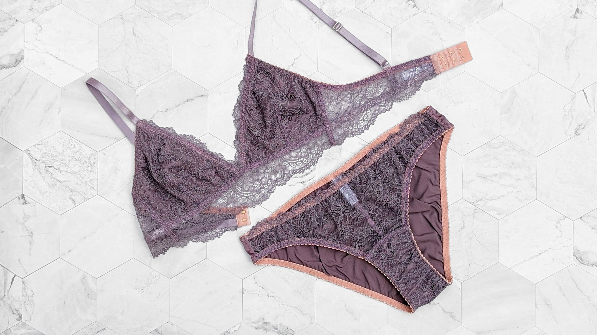 Silk and lace bralette with mauve and rose pink trims
