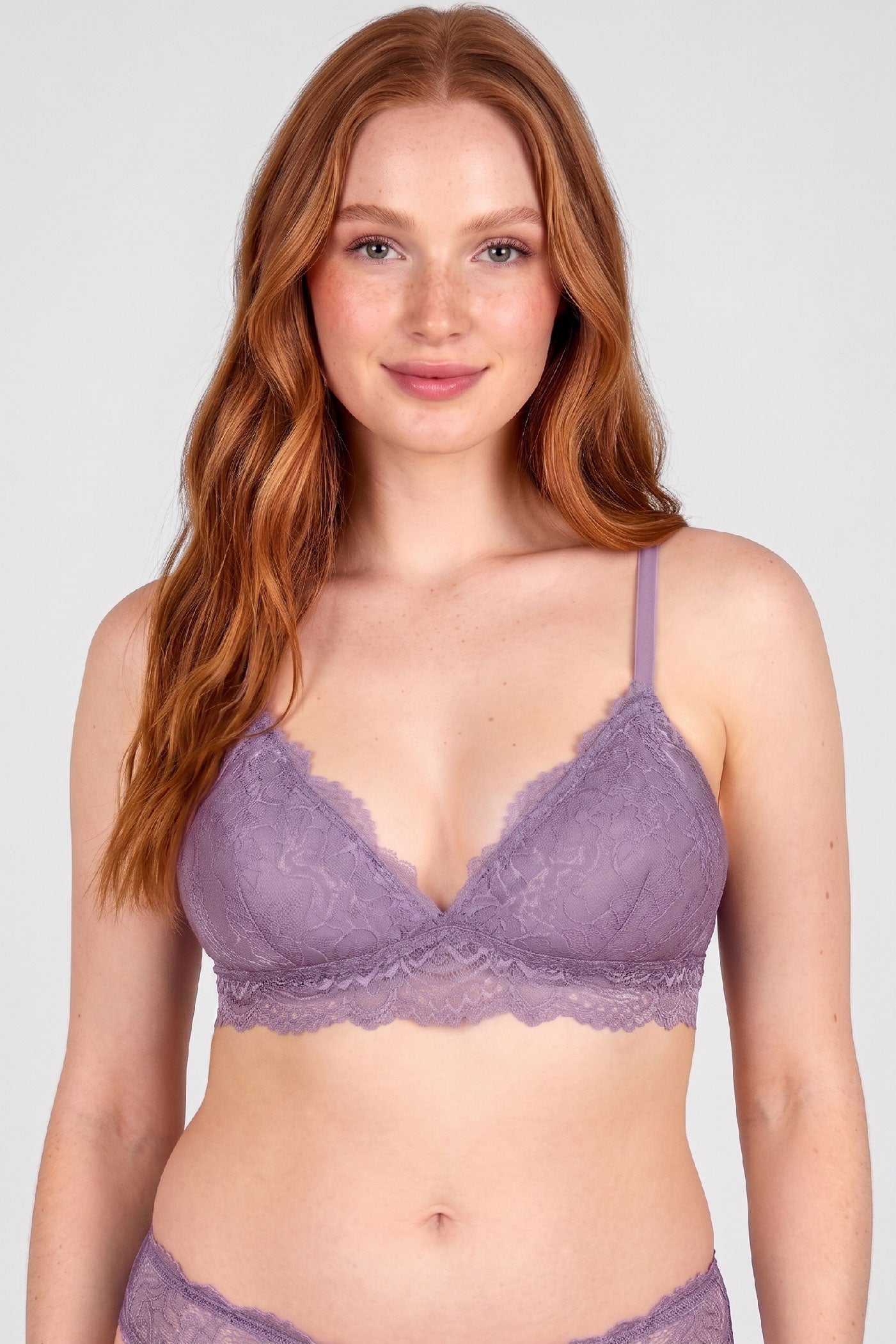 Charlotte bralette in lavender silk with stretch lace overlays in a triangle longline style