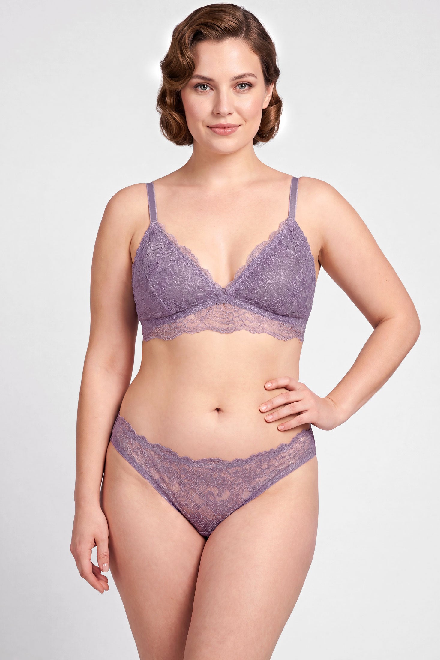 Light purple lingerie set with a triangle wireless bra and low-rise lace knickers