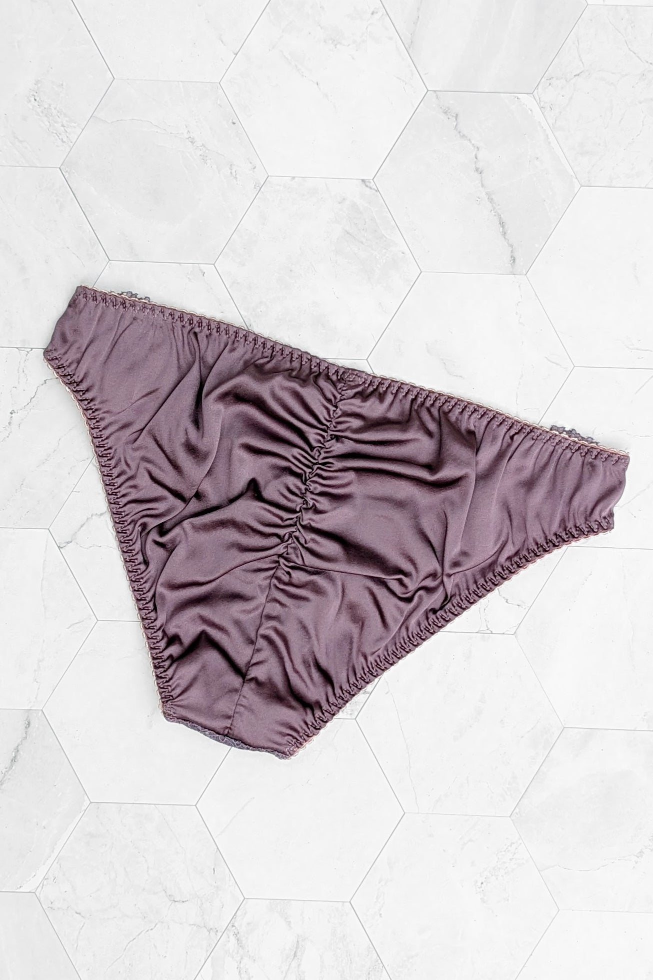 Mauve purple panties handcrafted in silk satin with sheer lace trims