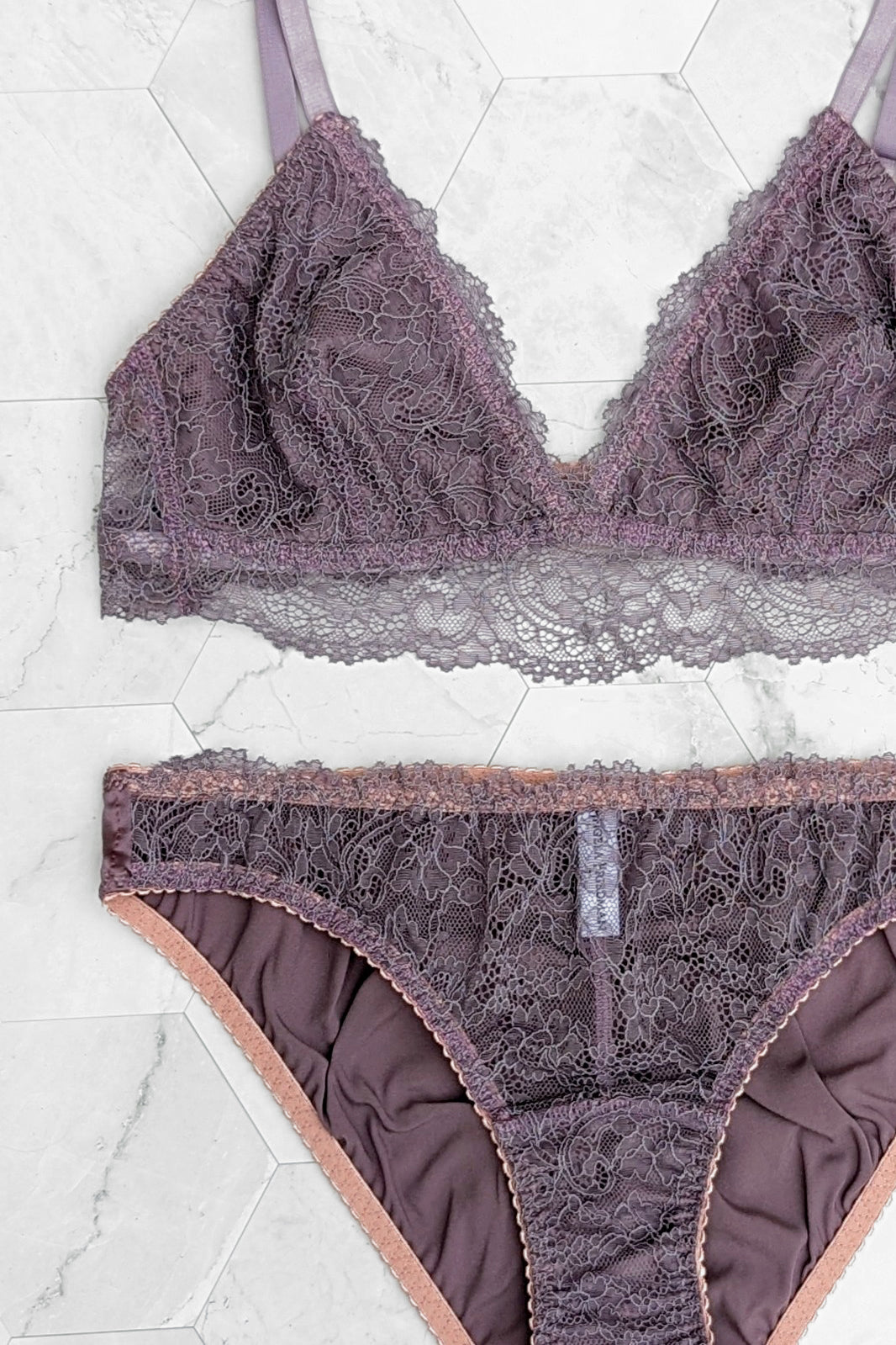 Angela Friedman designer lingerie set in lavender purple lace