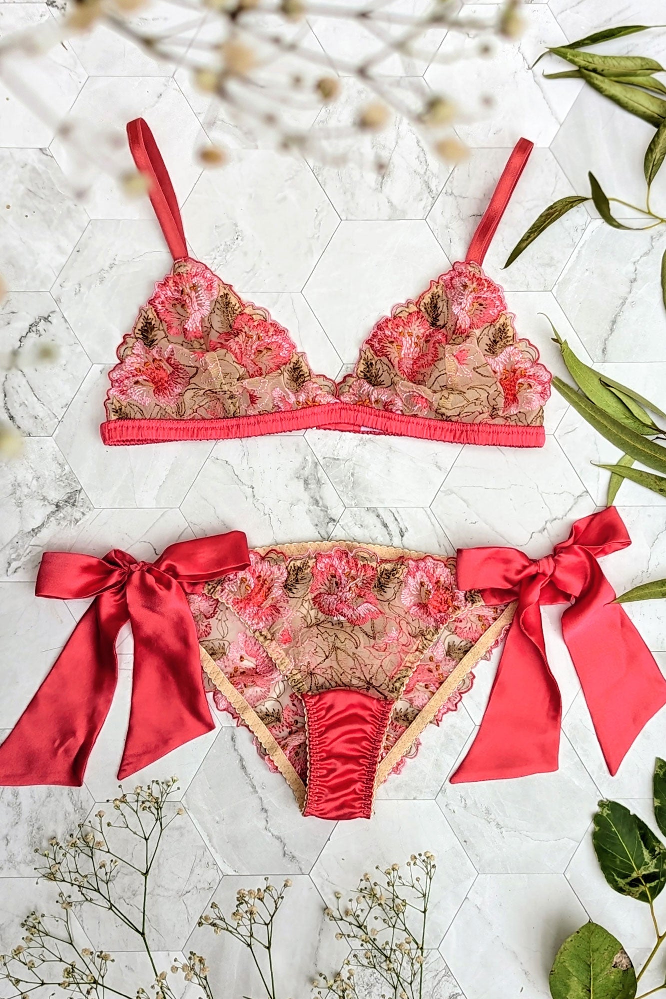 Silk side tie panties with floral embroidery in coral pink and green