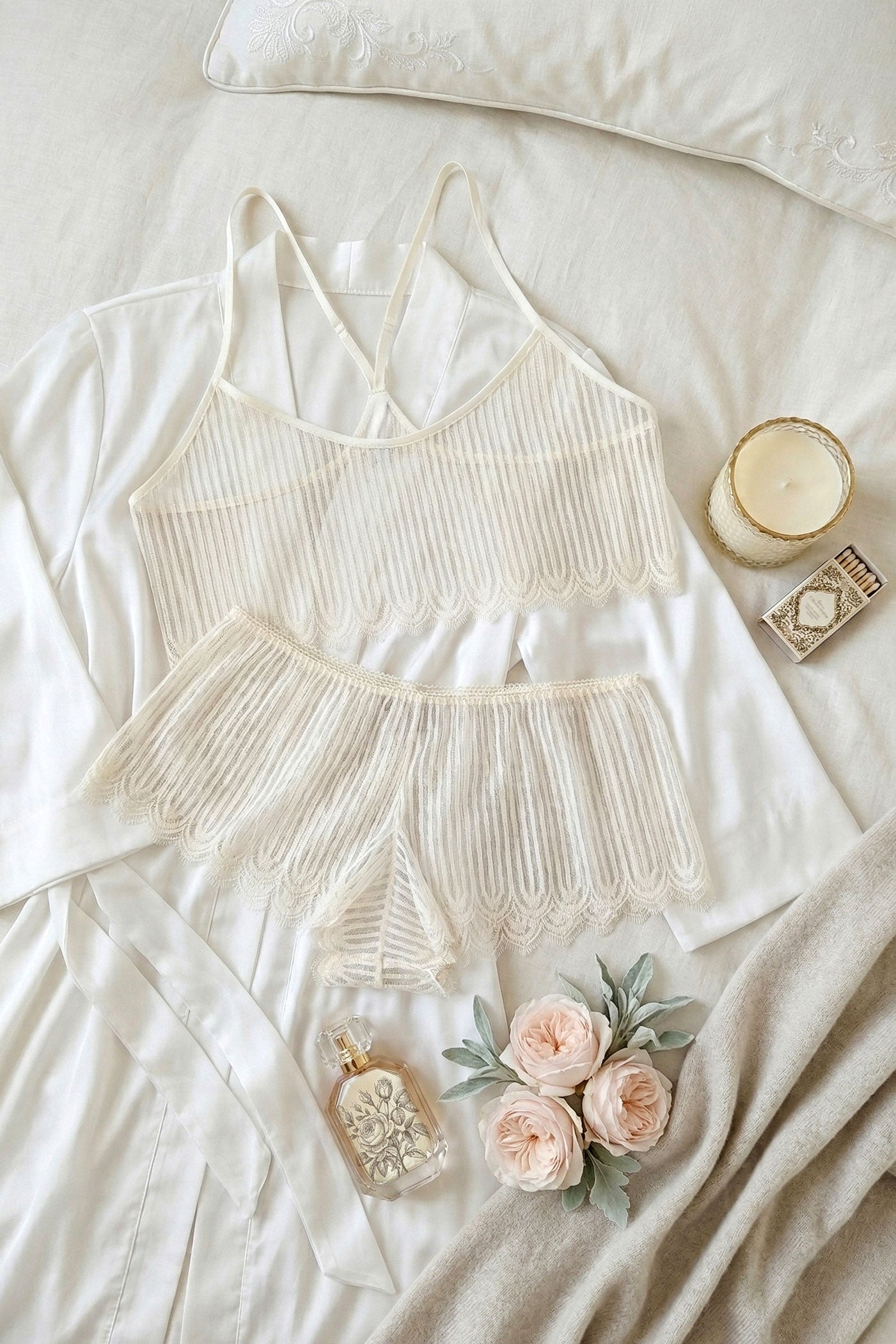 Dentelle off-white lace lingerie set including a sheer cropped camisole and bridal lace underwear