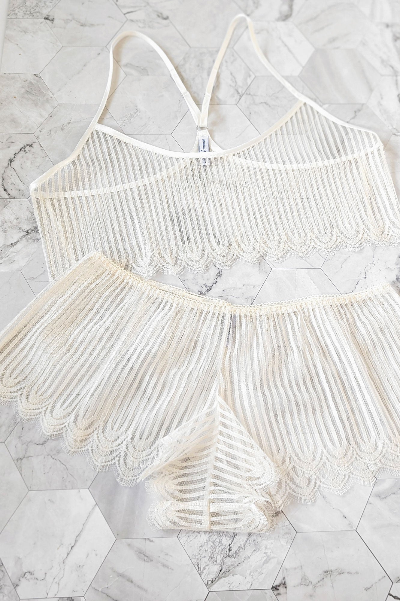 Vintage style bridal lingerie set with a sheer cami and matching French lace underwear