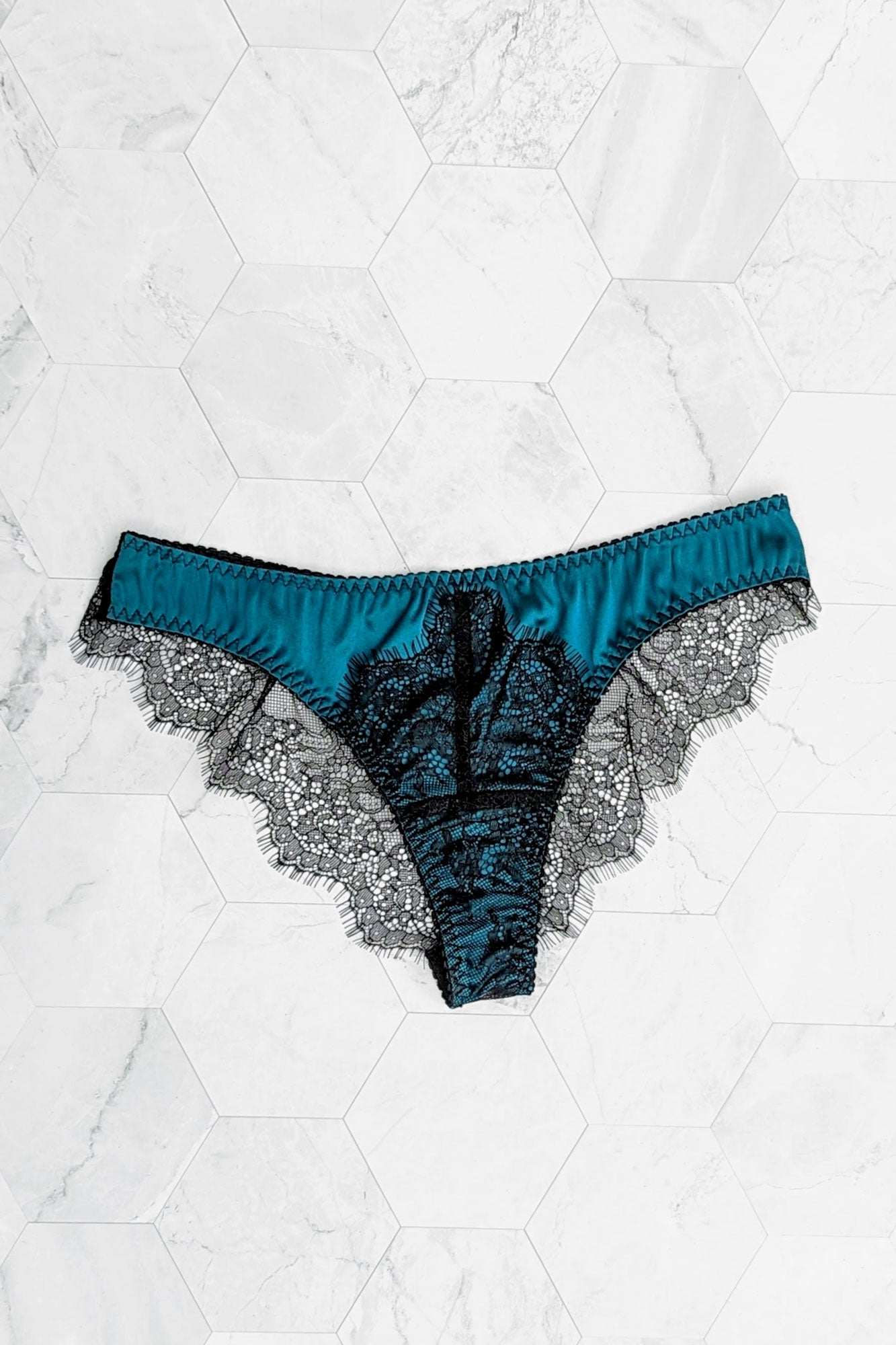 Teal blue silk underwear with black eyelash lace trim