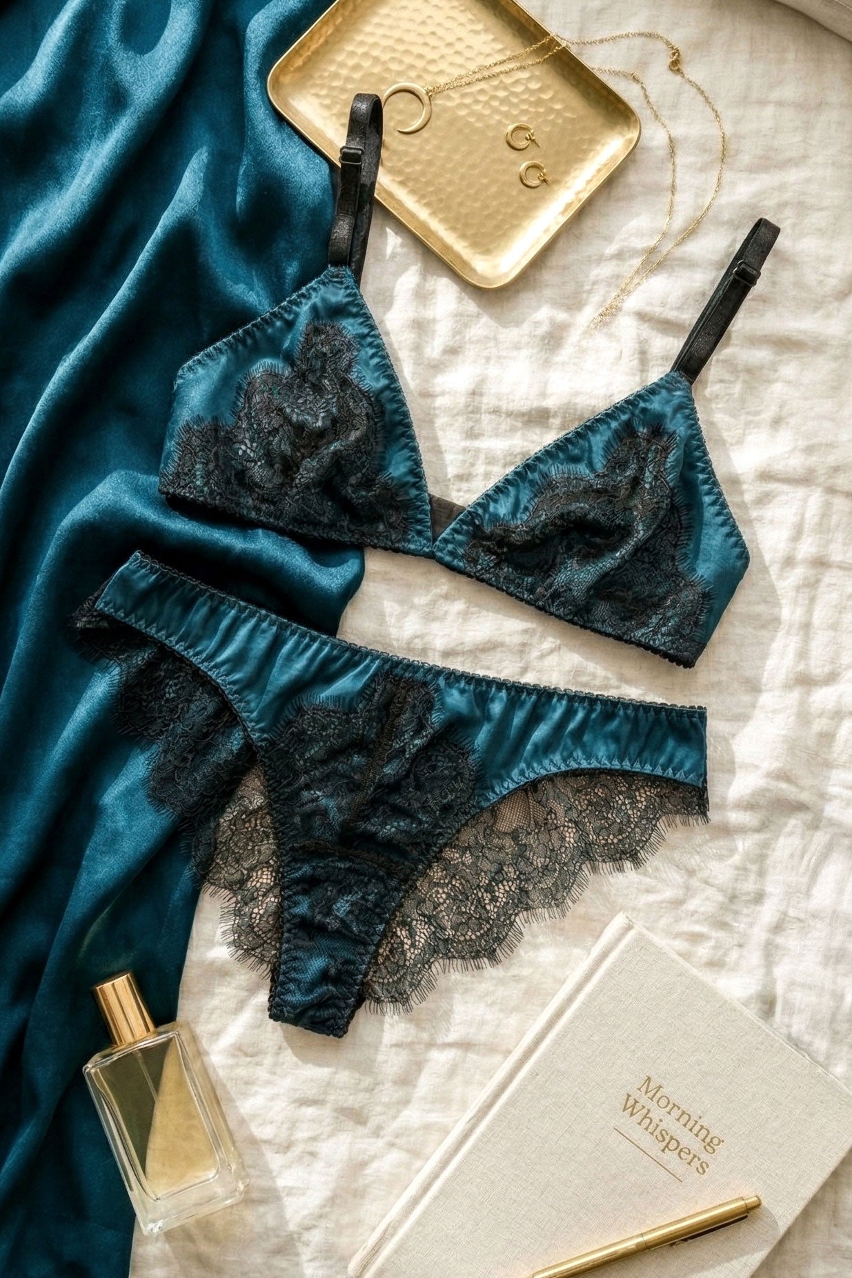 Luxury lace and silk lingerie set in turquoise blue and black
