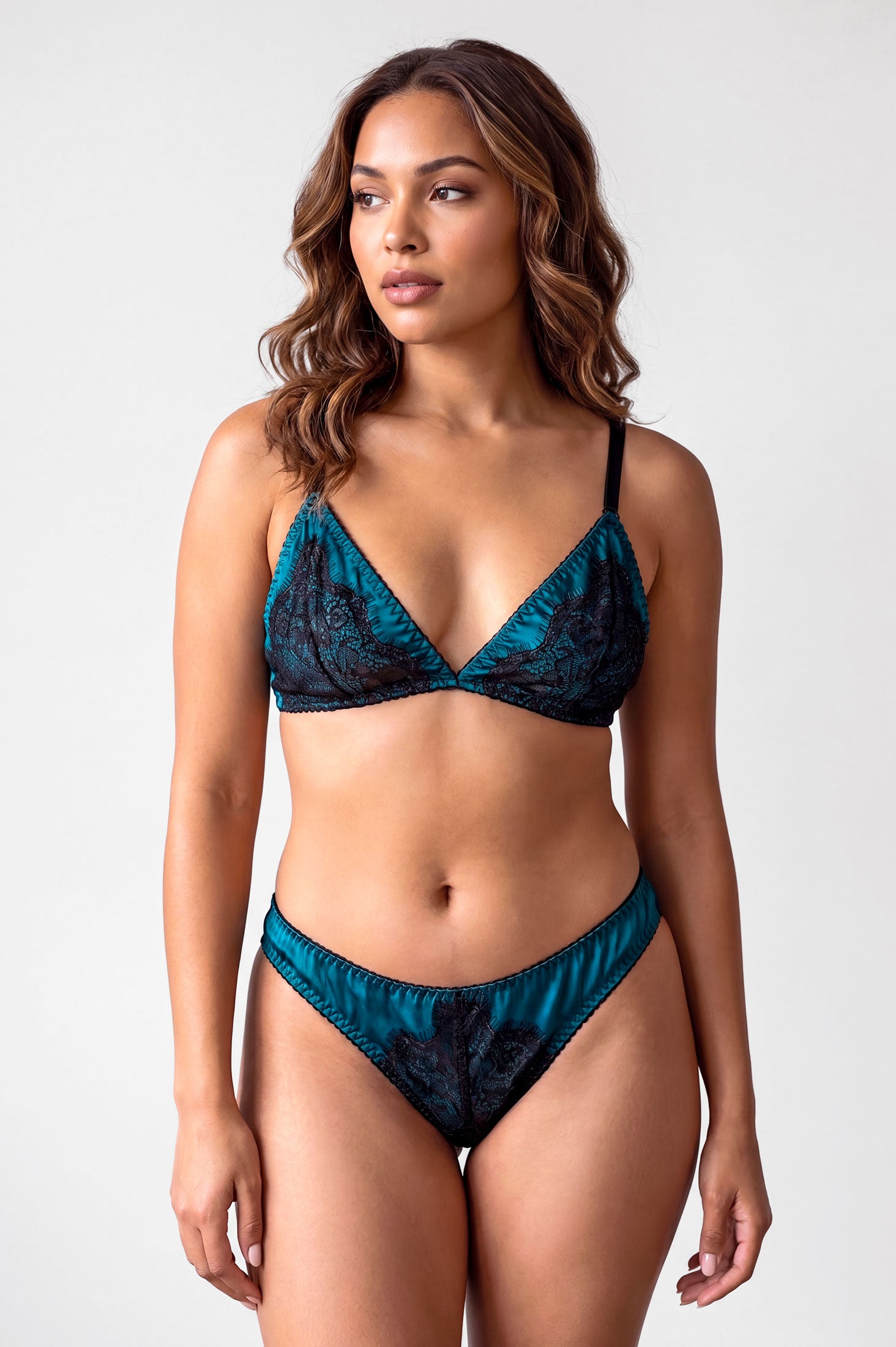 Angela Friedman lingerie set in ocean blue with black lace triangle cup overlays