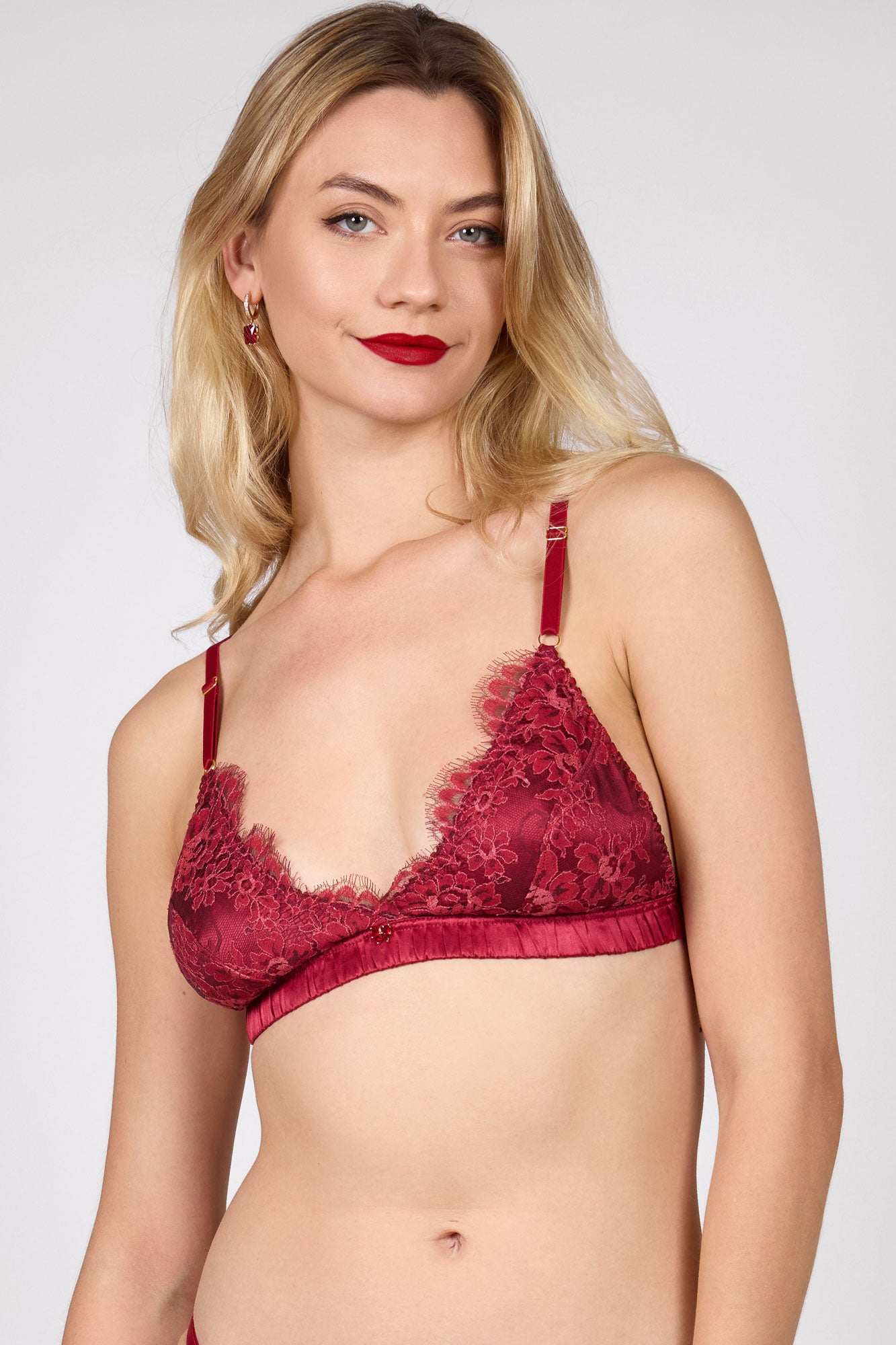 Garnet red lace bralette by luxury lingerie designer Angela Friedman