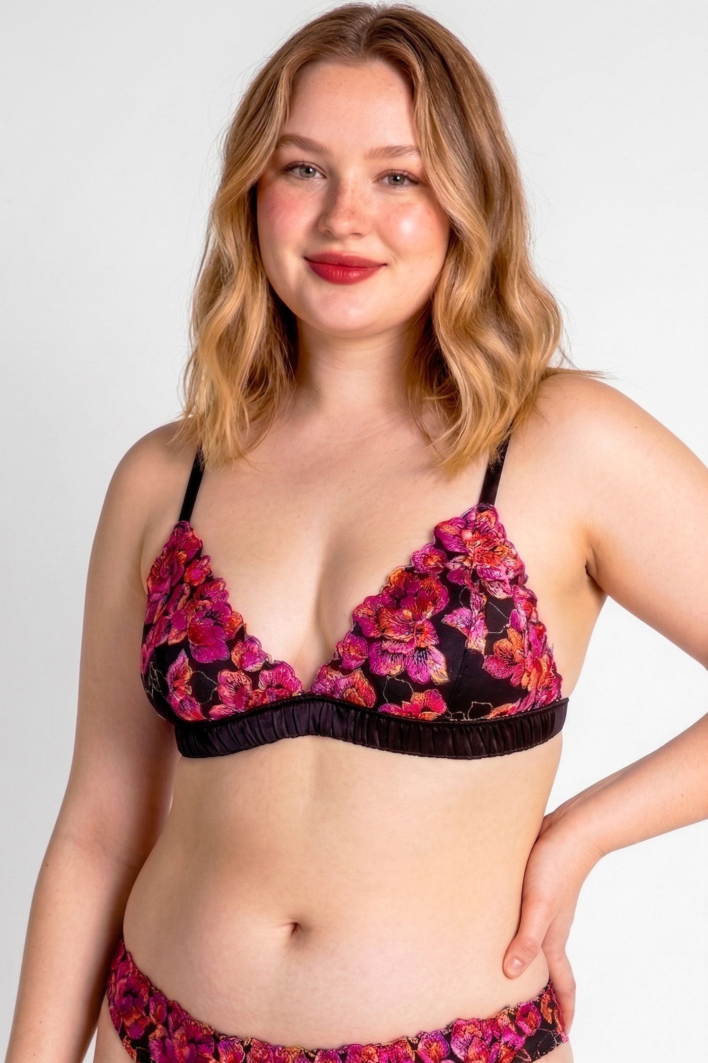Luxury silk bra with floral embroidery in magenta pink and black with satin strap elastics
