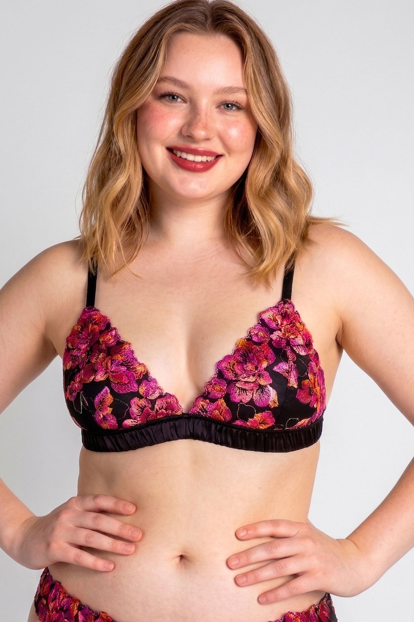 Luxury silk bra with floral embroidery in magenta pink and black with satin strap elastics