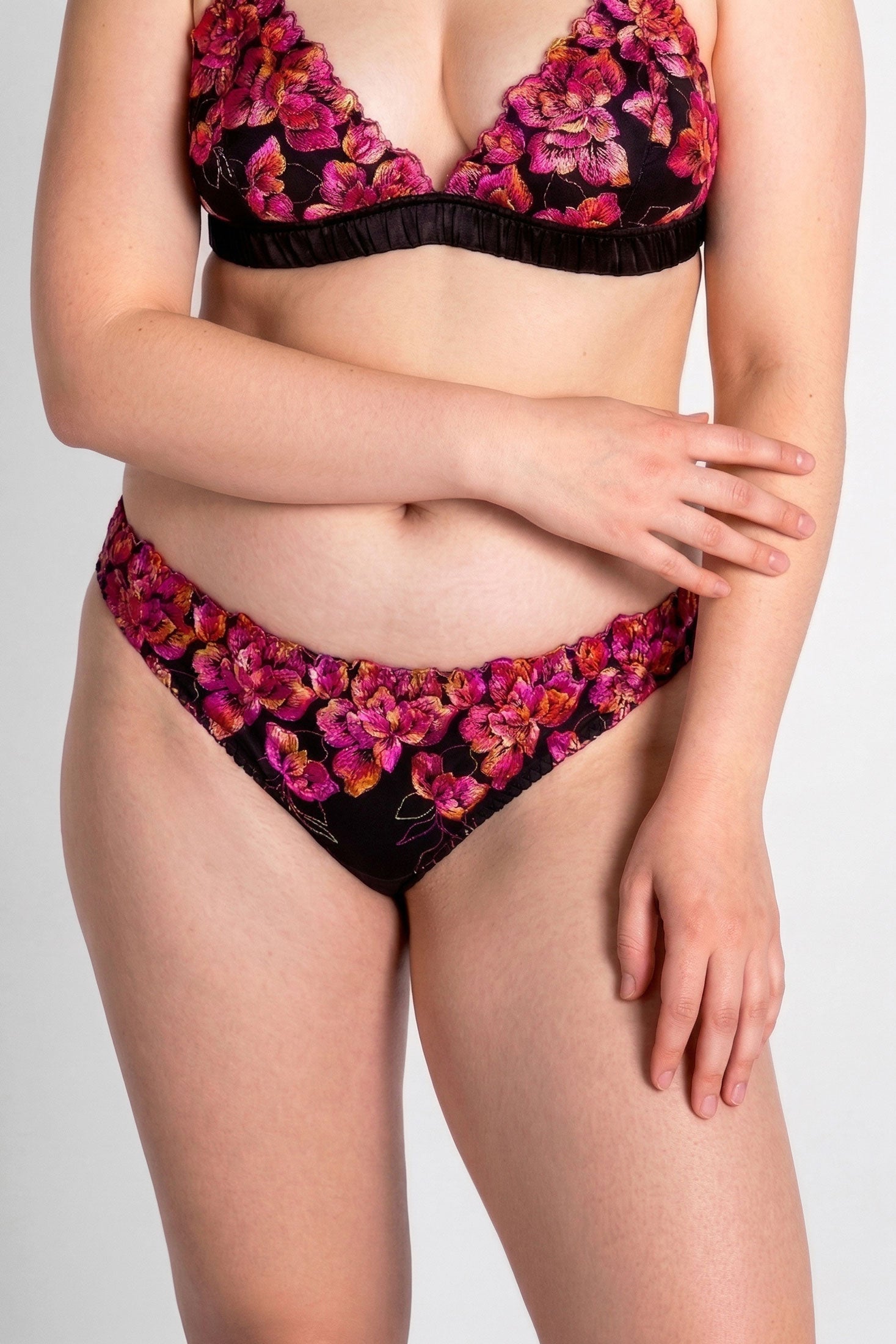 Gemma knickers in black silk and pink floral embroidery
