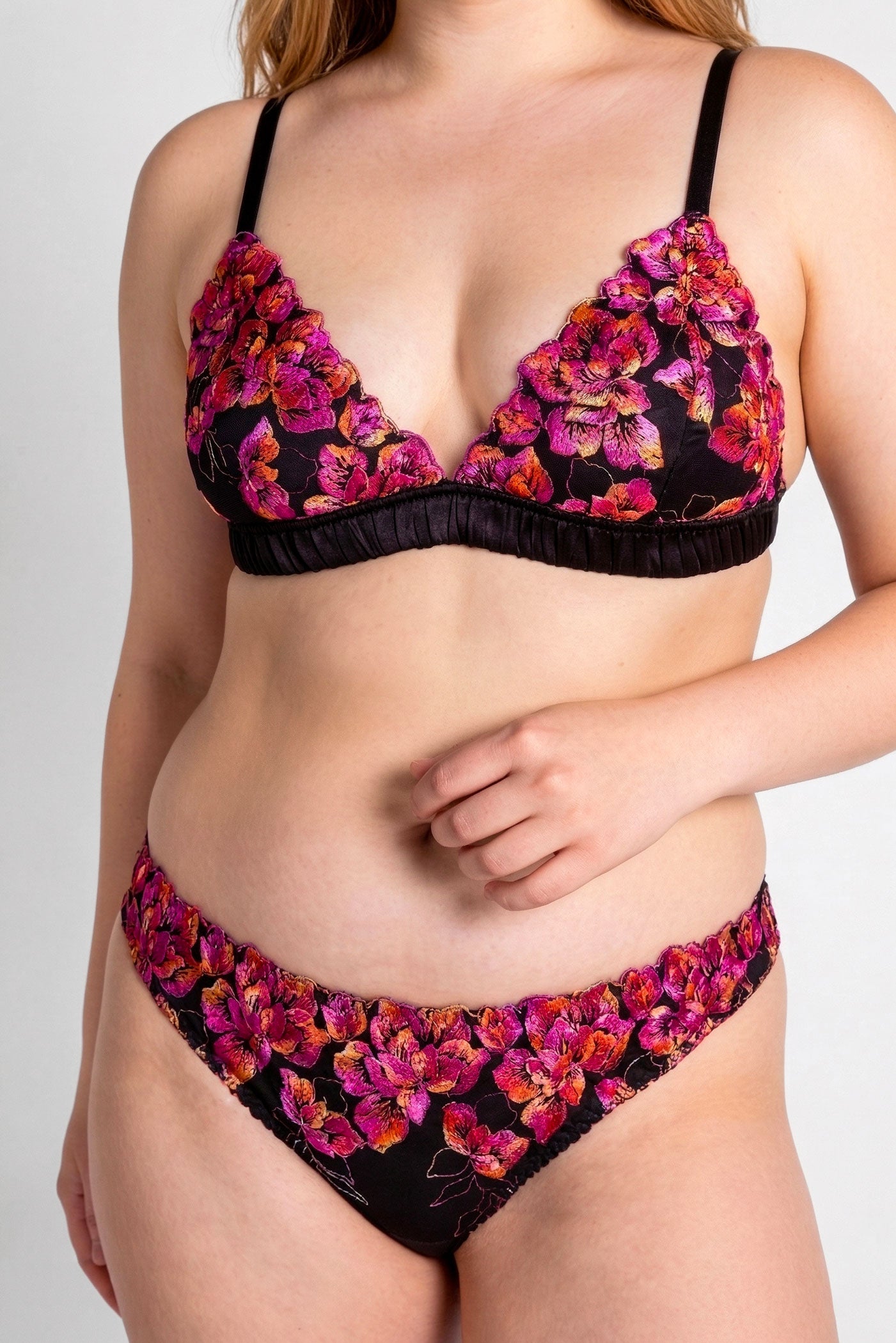 Pink and black bra and panty set with real silk lining