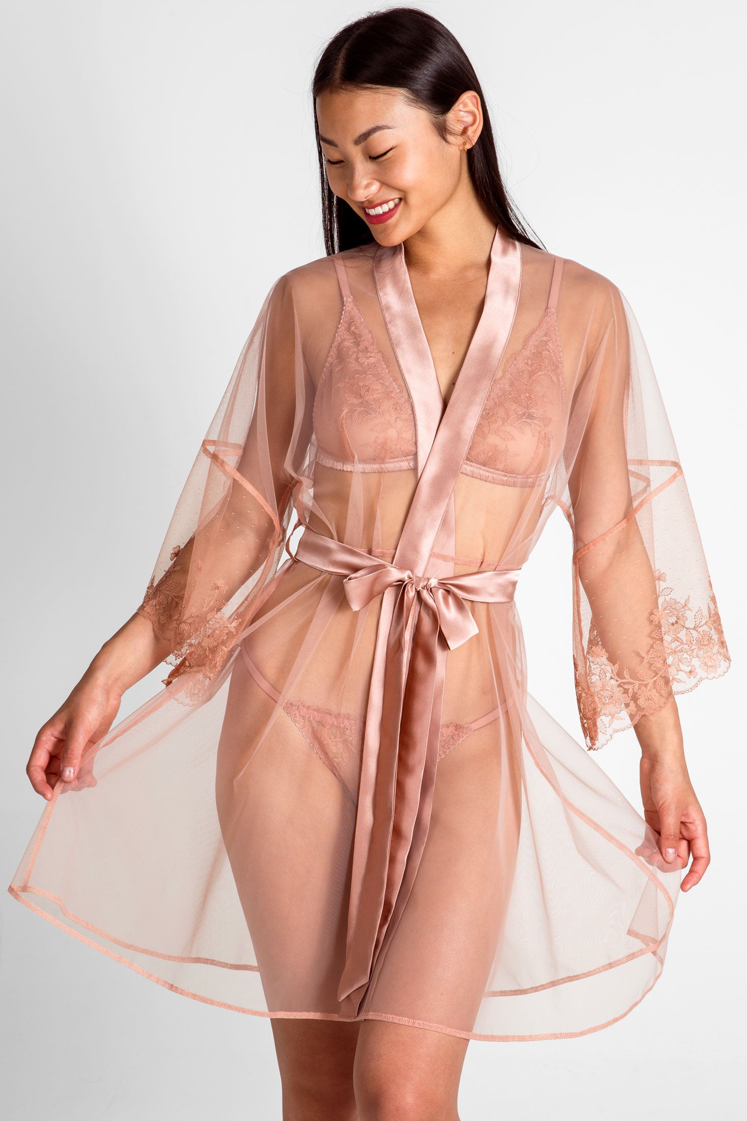 Sheer vintage dressing gown and peignoir set by luxury loungewear designer Angela Friedman