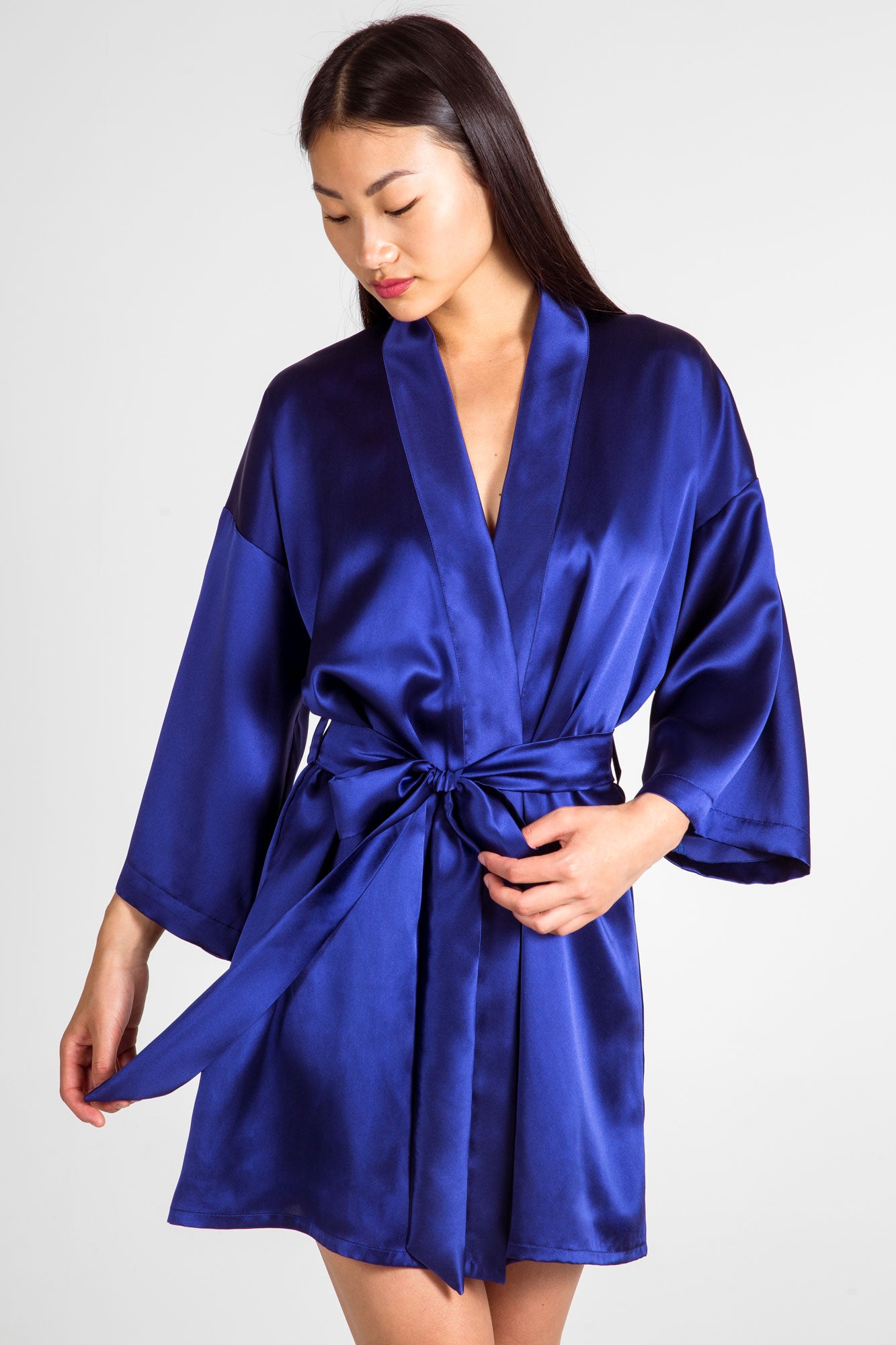 100% silk satin robe in indigo blue by luxury loungewear designer Angela Friedman