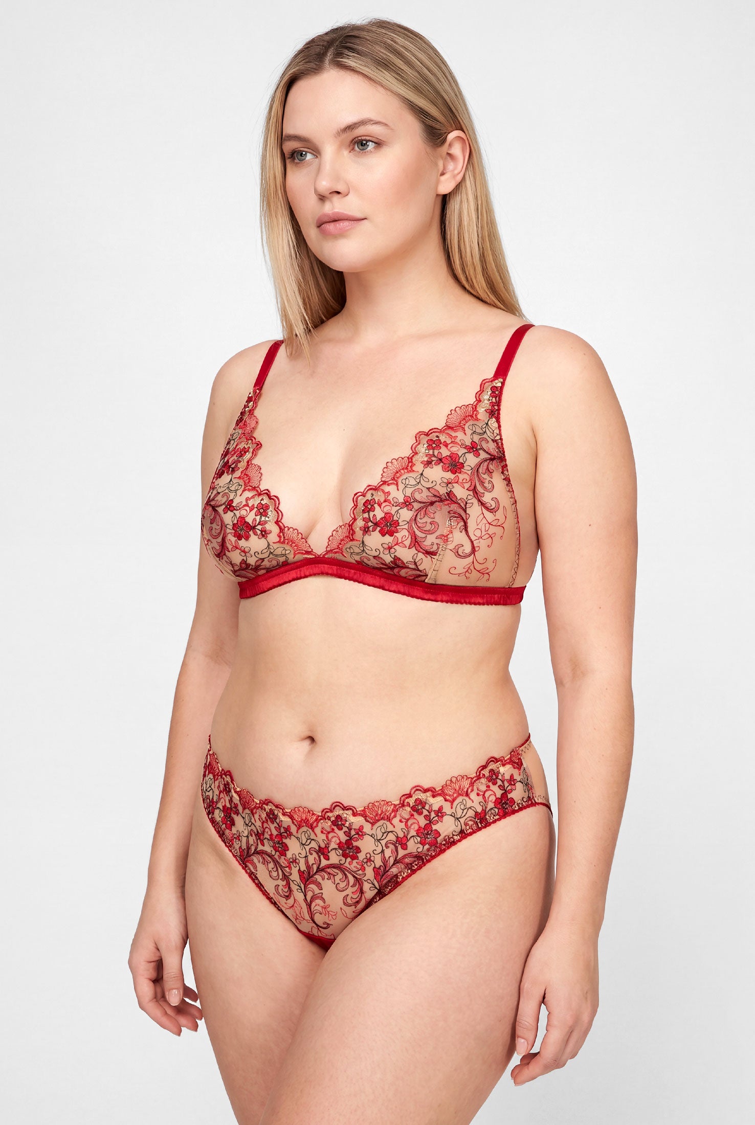 Red lace bra and panties set with sheer nude tulle lining and red silk trims