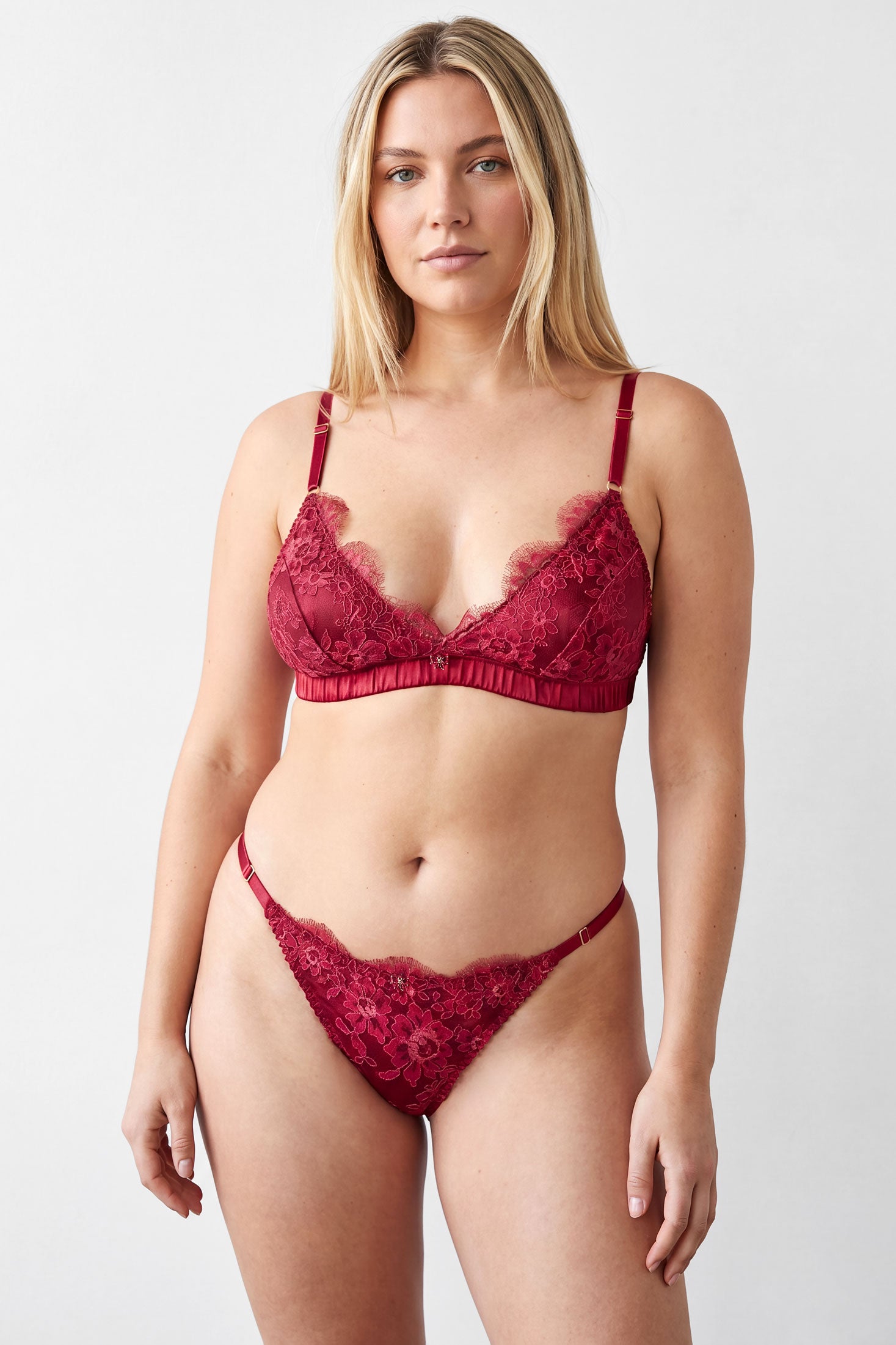 Red silk lingerie set with CZ bow charms and burgundy French lace overlays
