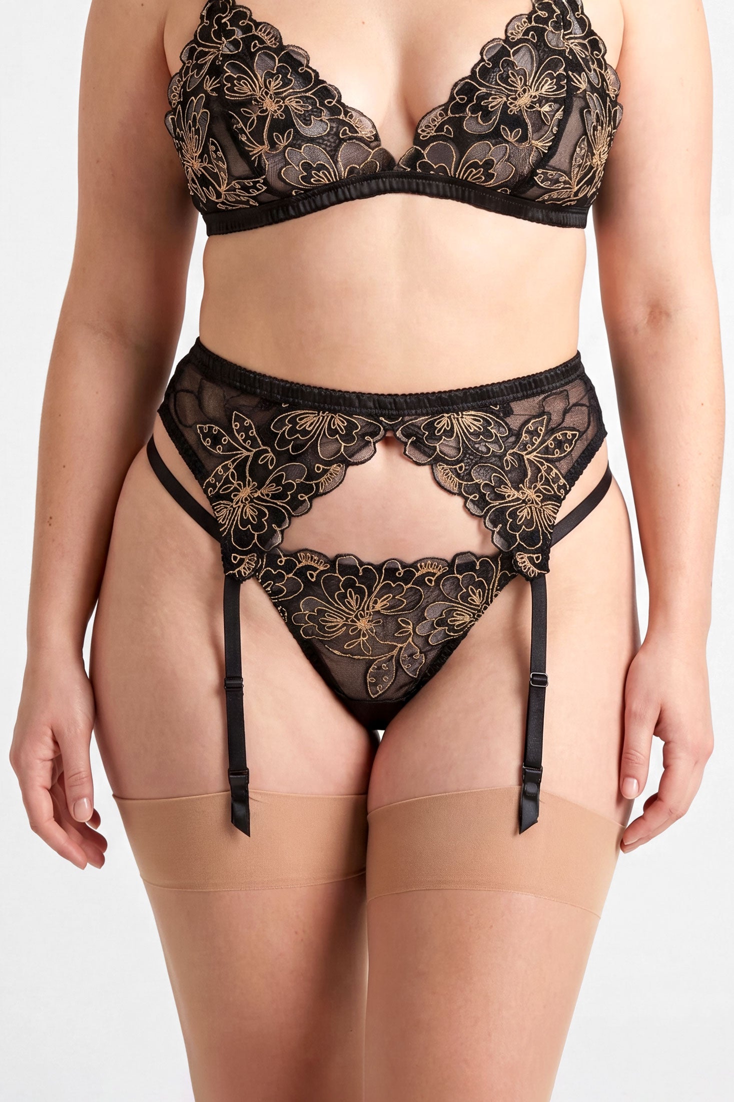 Layla black mesh thong with sheer floral embroidery