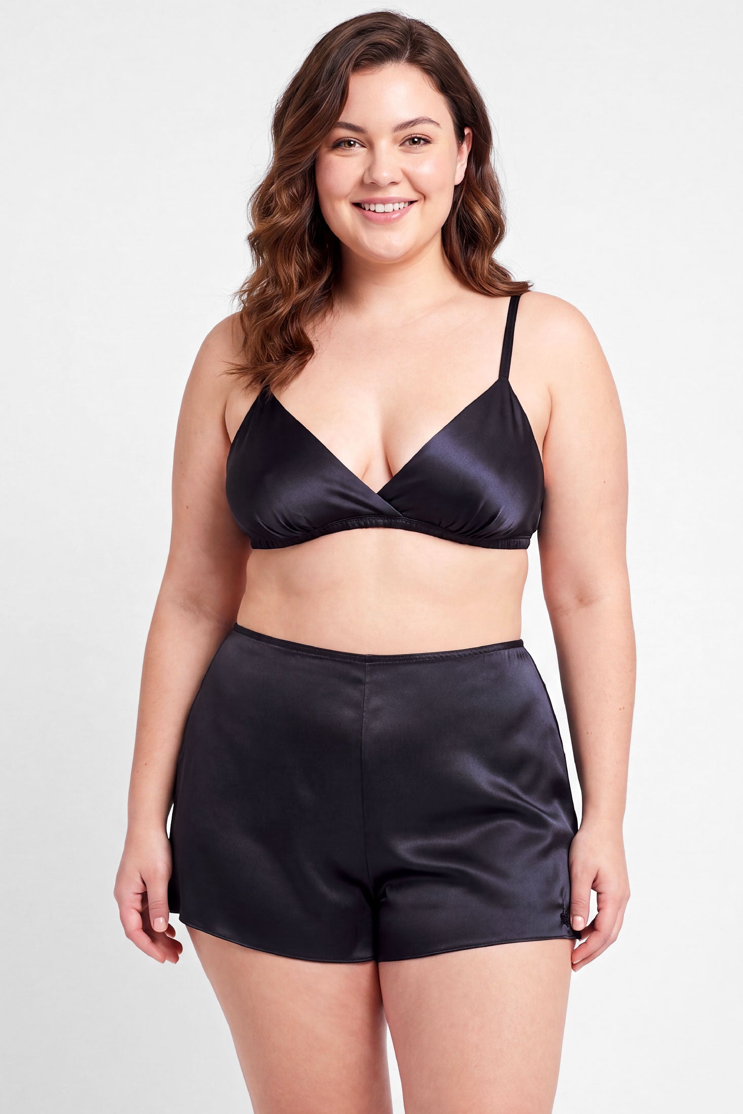 Vintage style black silk bra and tap pants set with french lace applique