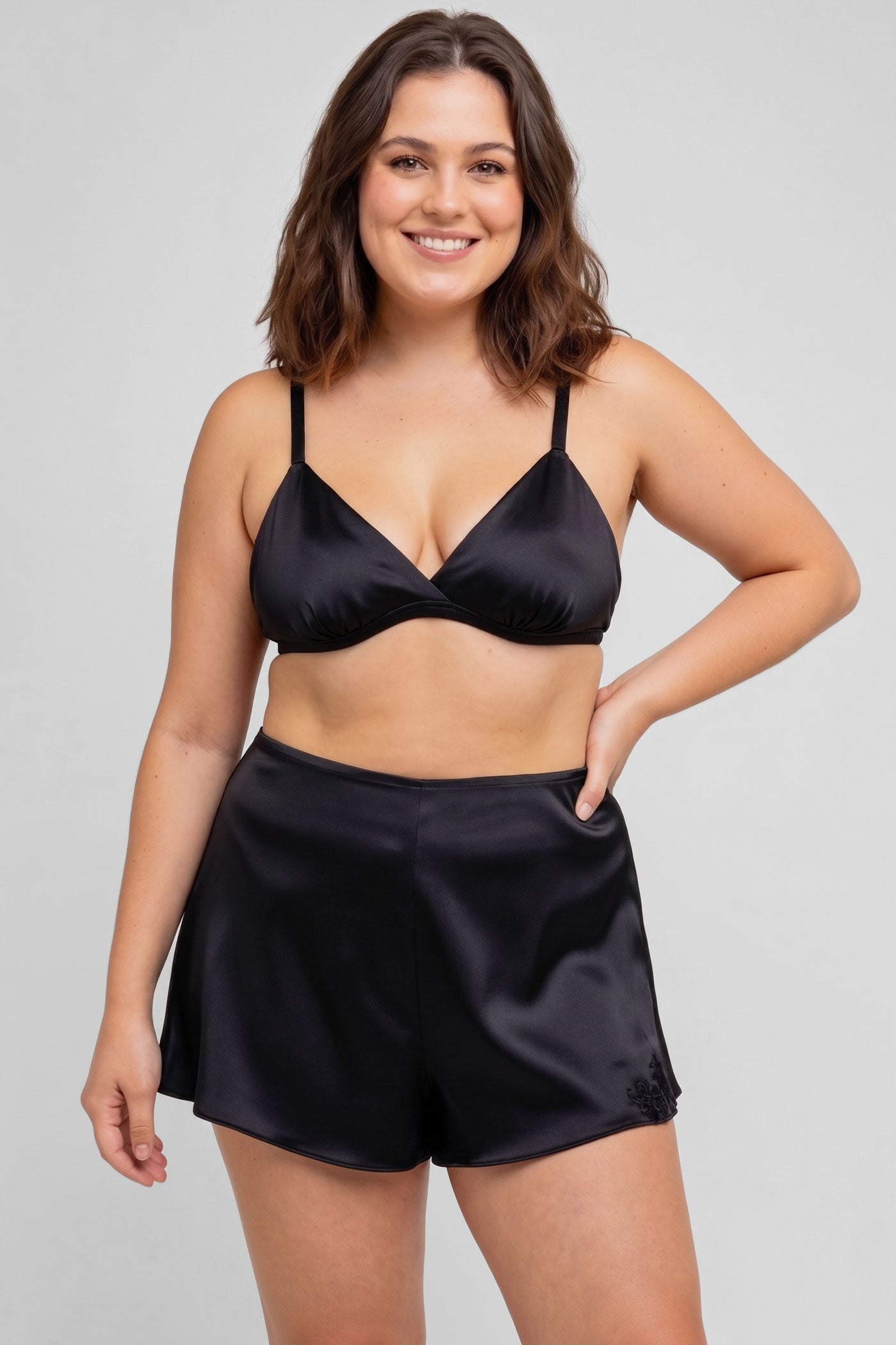 Vintage style black silk bra and tap pants set with french lace applique