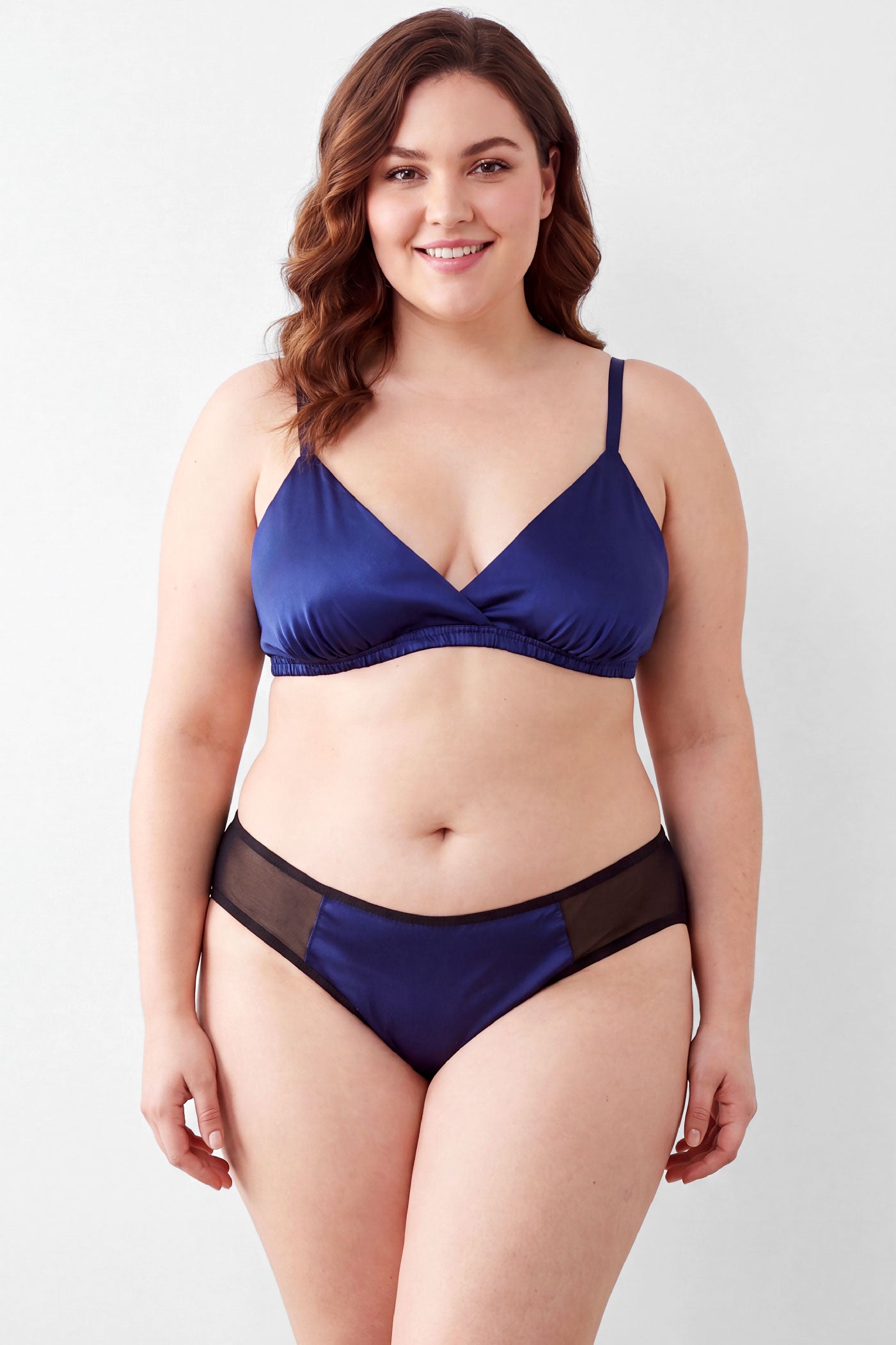 Blue silk lingerie set including a triangle bra and xl plus-sized panties