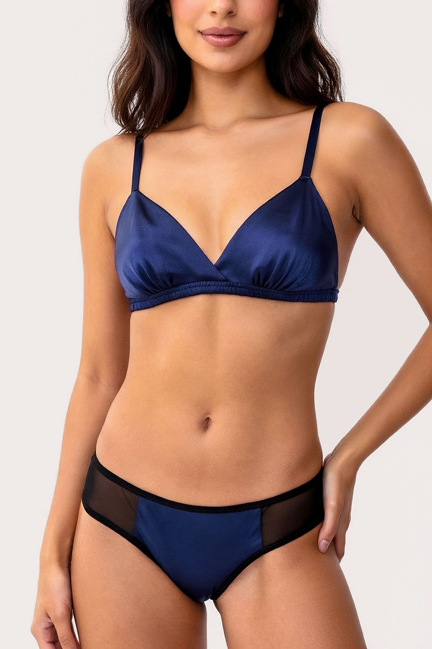 Blue and black silk bra and panties set by luxury lingerie designer Angela Friedman