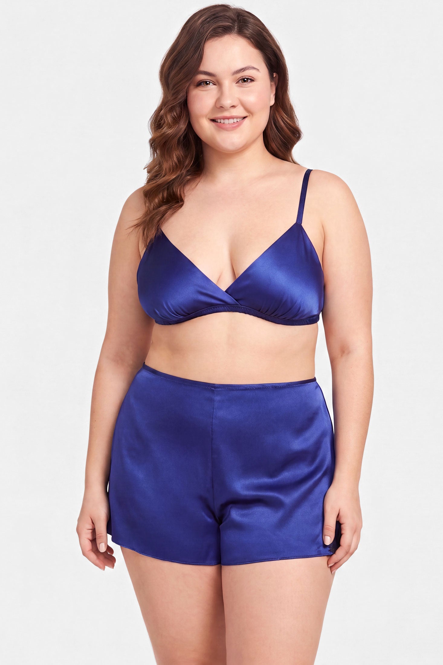 Blue satin sleep shorts and silk bralette in size XL