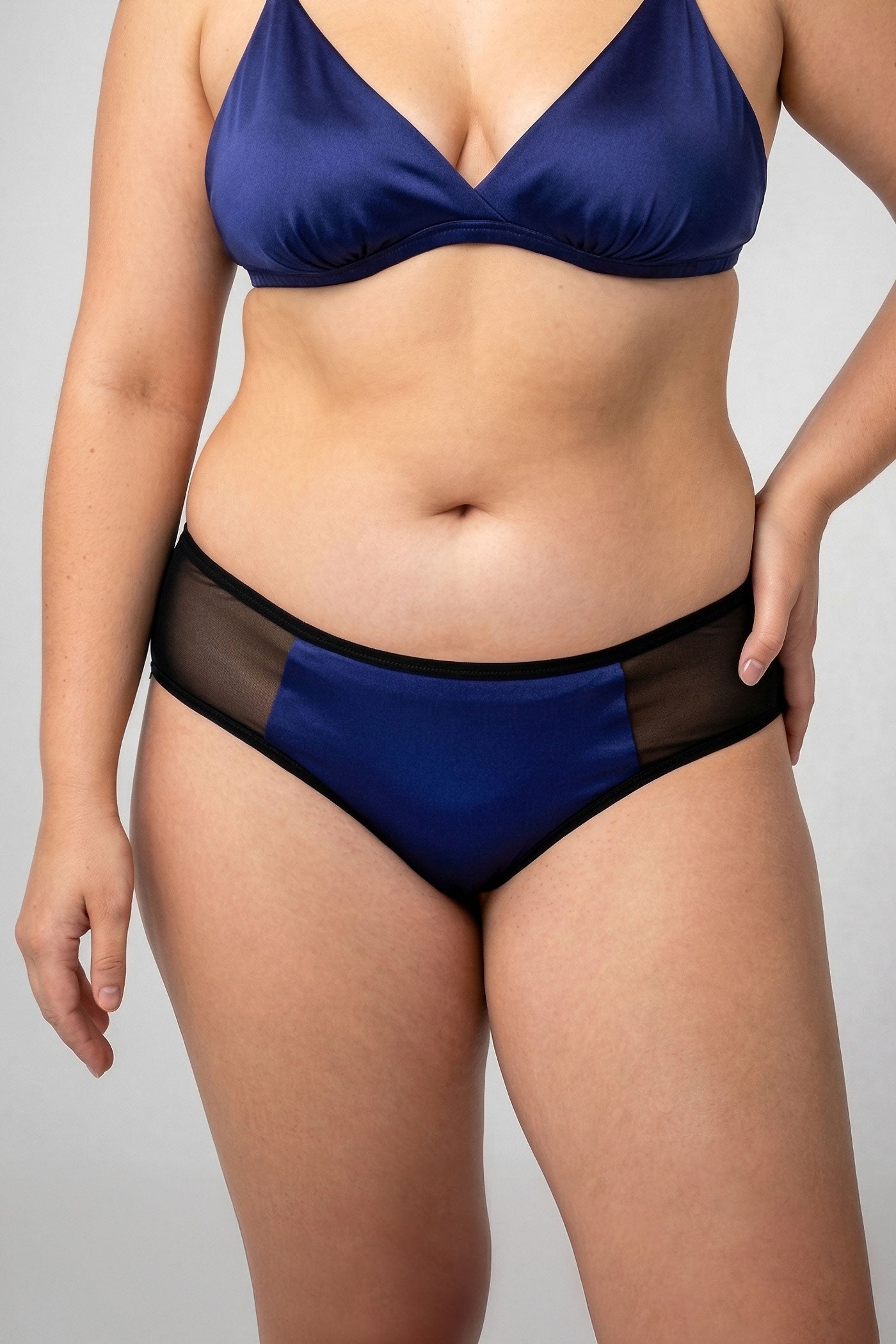 Blue silk panties with black sheer mesh sides in size XL