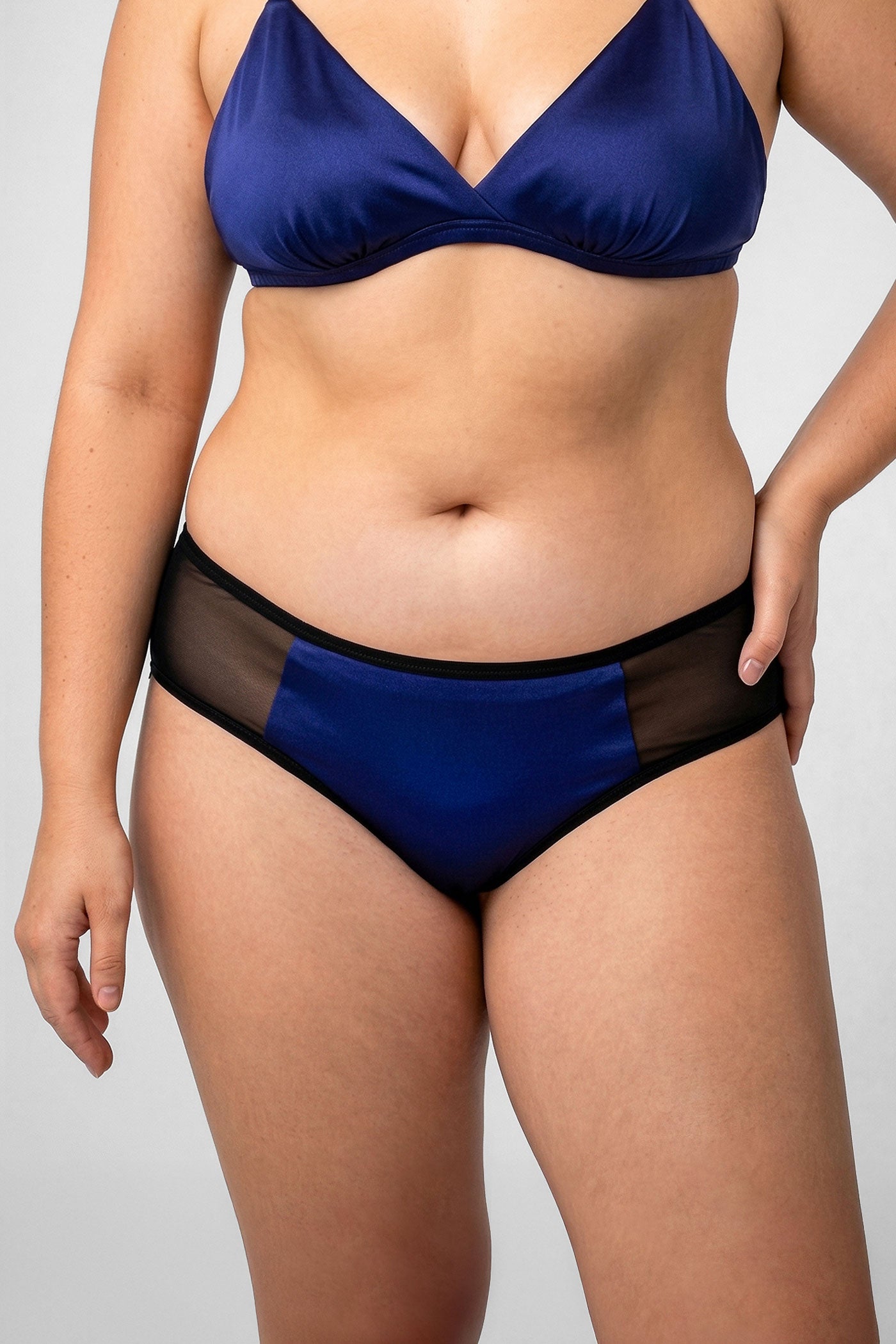 Blue silk panties with black sheer mesh sides in size XL